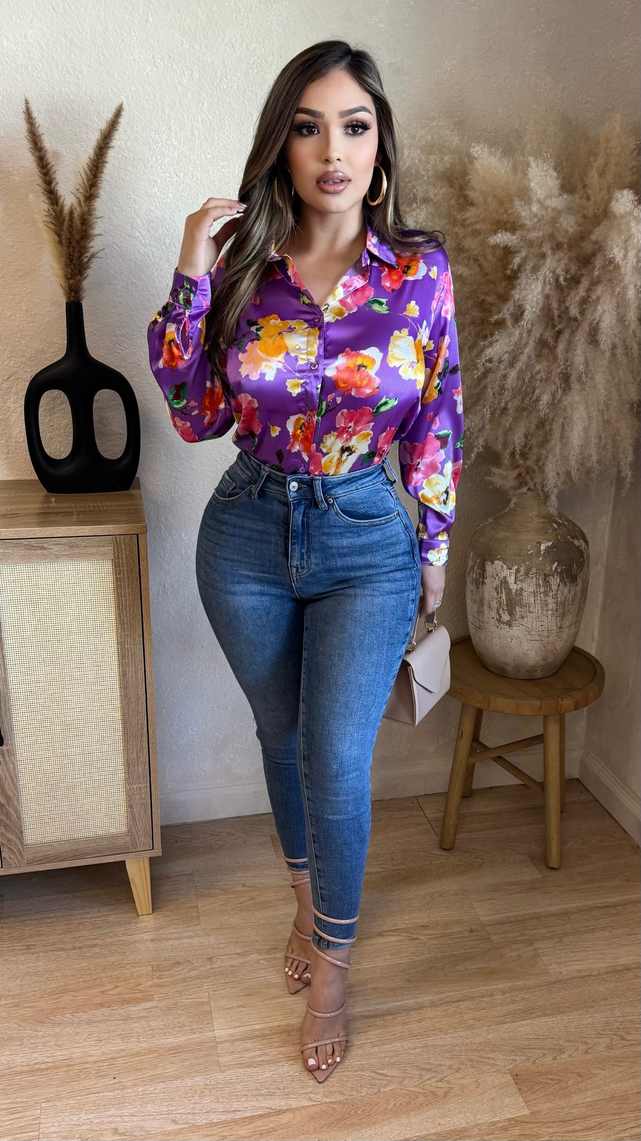 Just Say When Satin Floral Tops (Purple/ Pink)