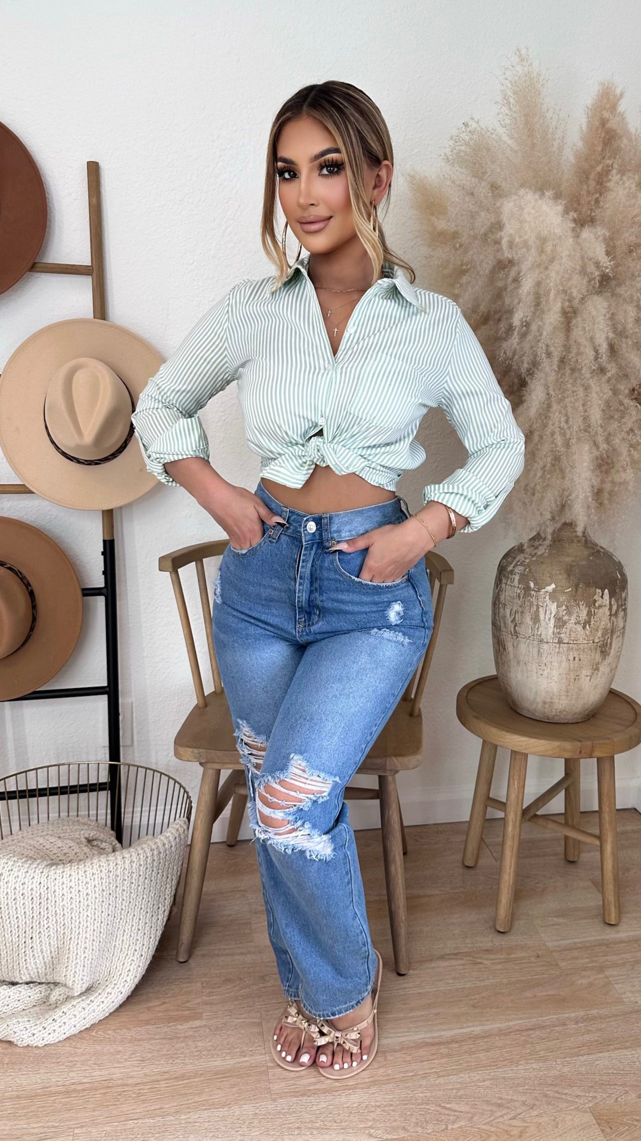 Casual Times Striped Top (Sage/ White)