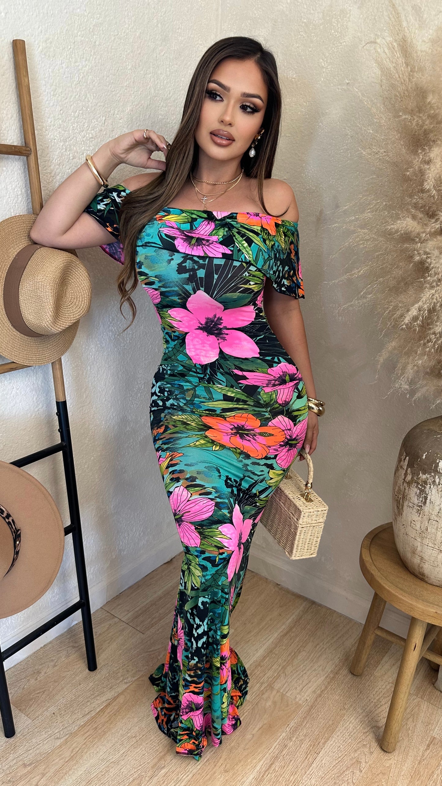 Island Bloom Off The Shoulder Maxi Dress