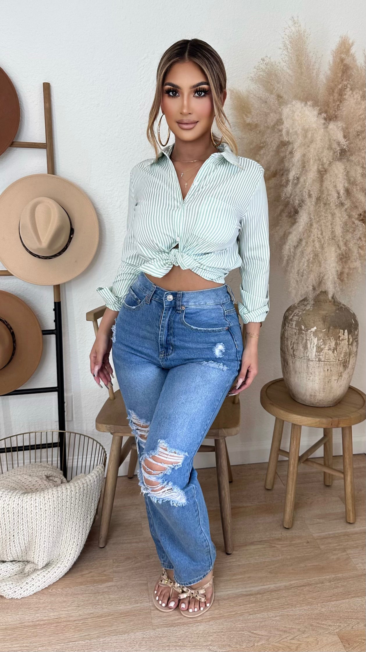 Casual Times Striped Top (Sage/ White)