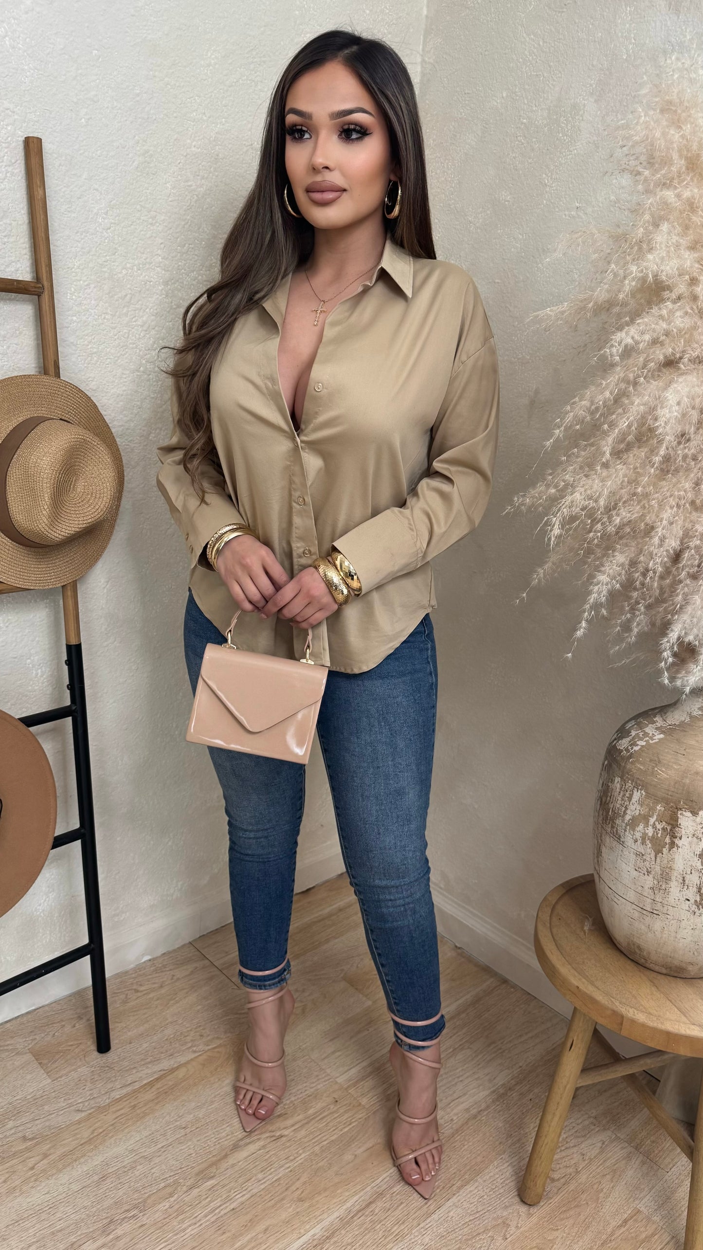 Kylina Long Sleeve Button Up Tops (Nude)