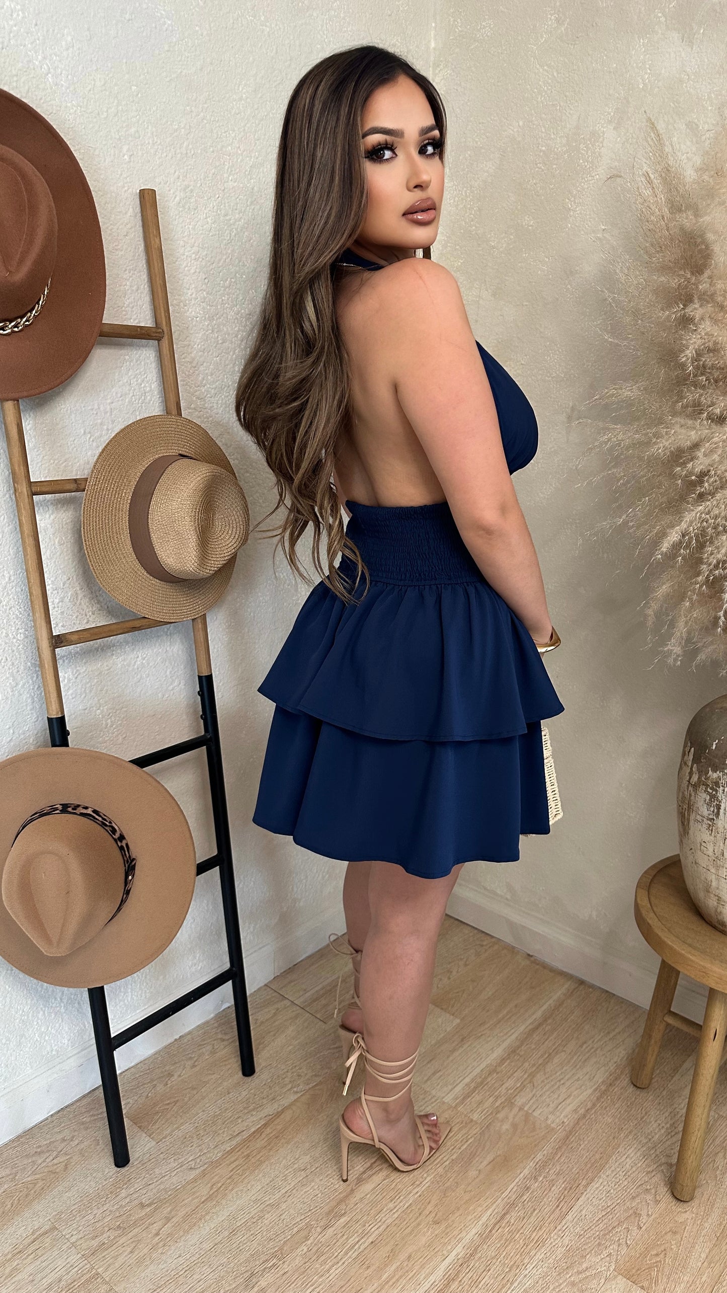 Midnight Ruffle Halter Dress (Navy)