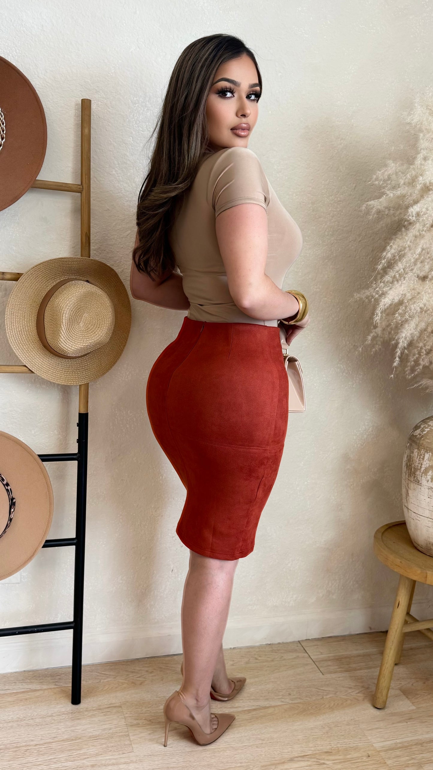 Untamed Suede Midi Skirt (Rust)