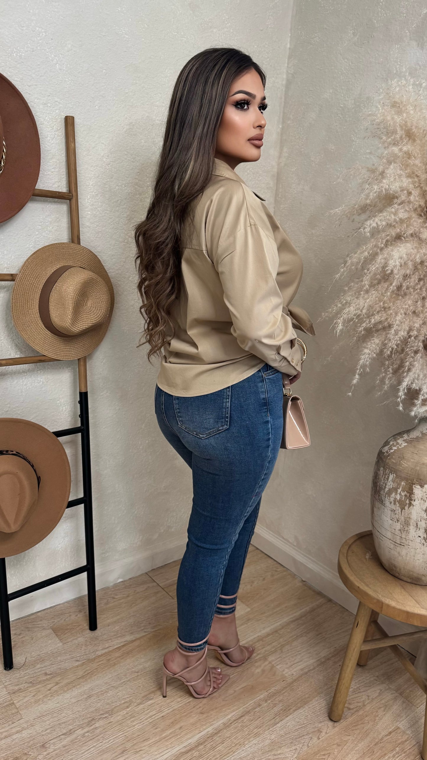 Kylina Long Sleeve Button Up Tops (Nude)