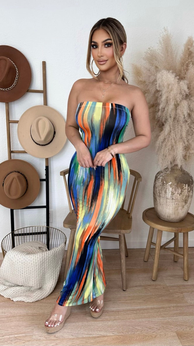 Inaya Maxi Dress (Blue/ Green/Orange)