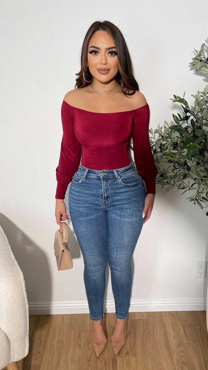 It Takes 2 Off The Shoulder Bodysuit (Burgundy)