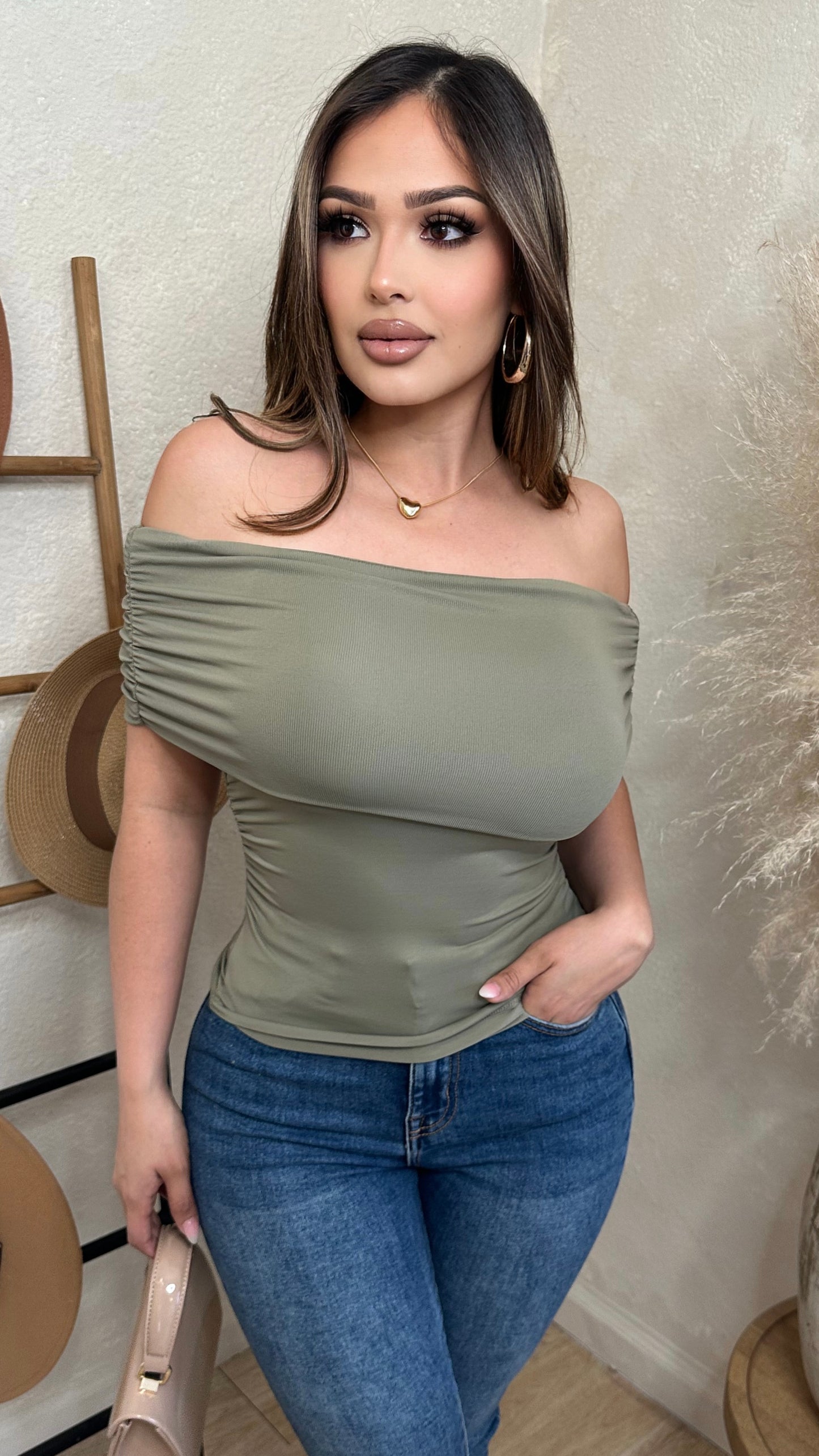 Bare Ruched Knit Top (Olive)