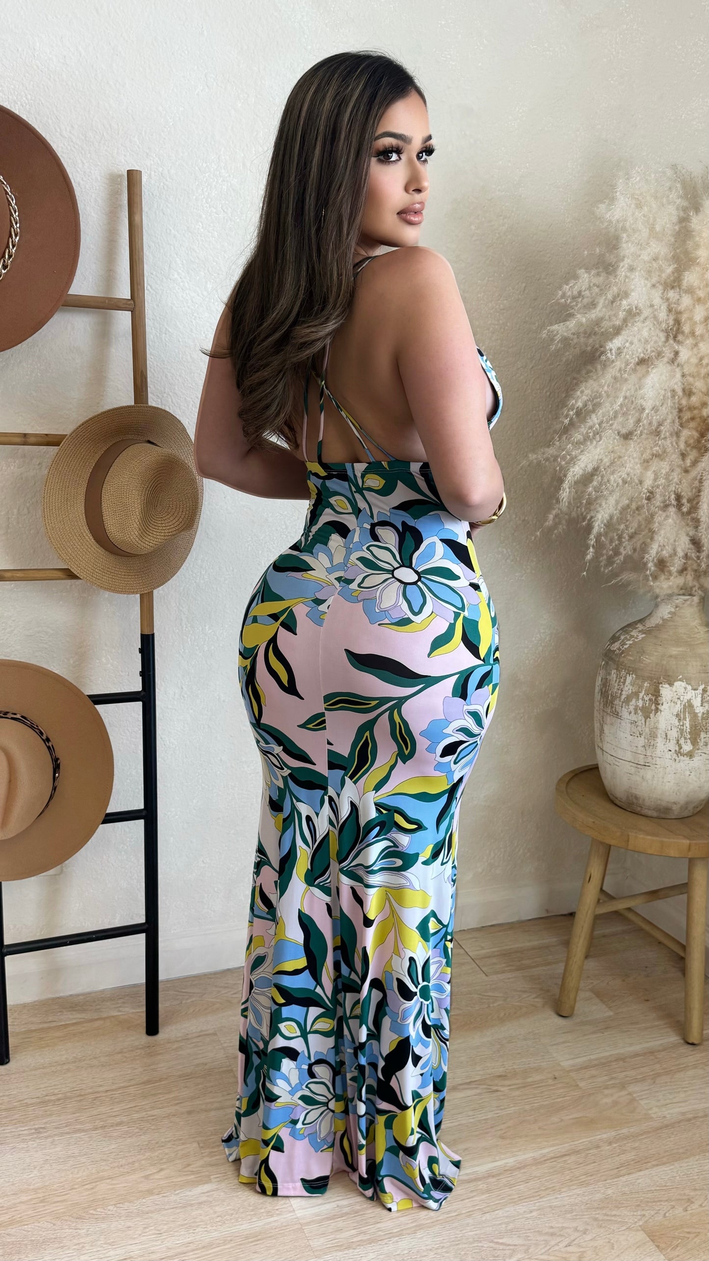 Casually Fab Maxi Dress (Ivory/ Pink/ Blue)
