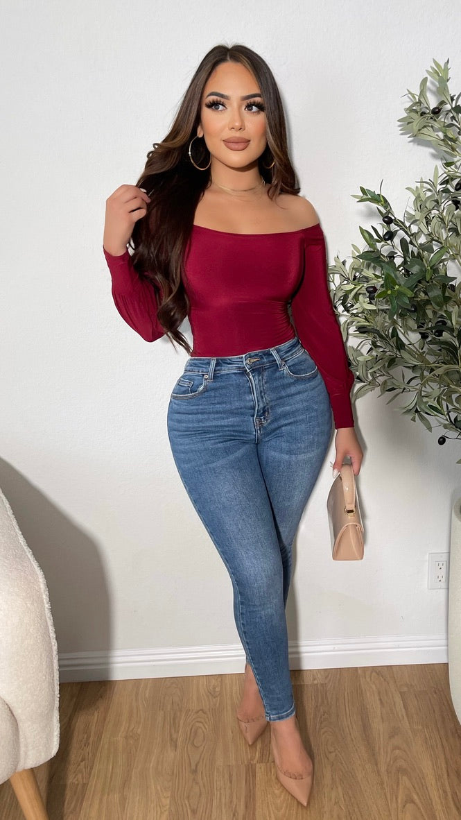 It Takes 2 Off The Shoulder Bodysuit (Burgundy)