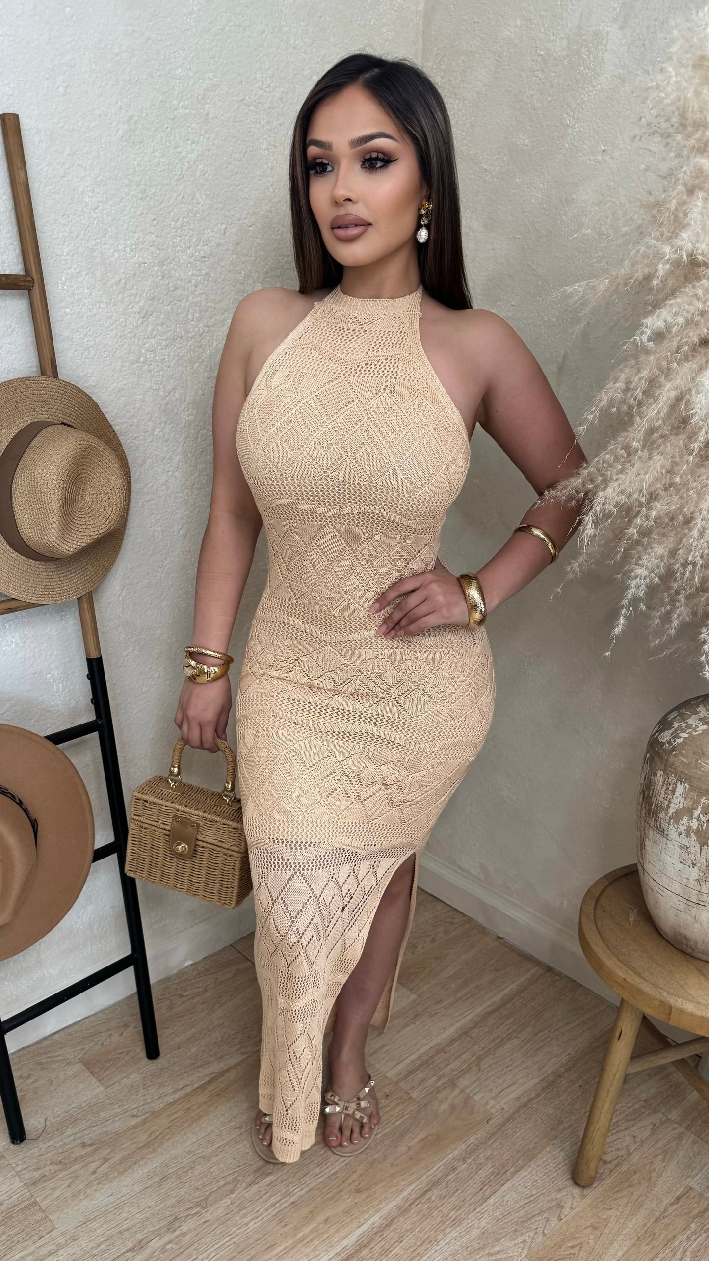 Vallarta Knit Halter Maxi Dress (Natural)