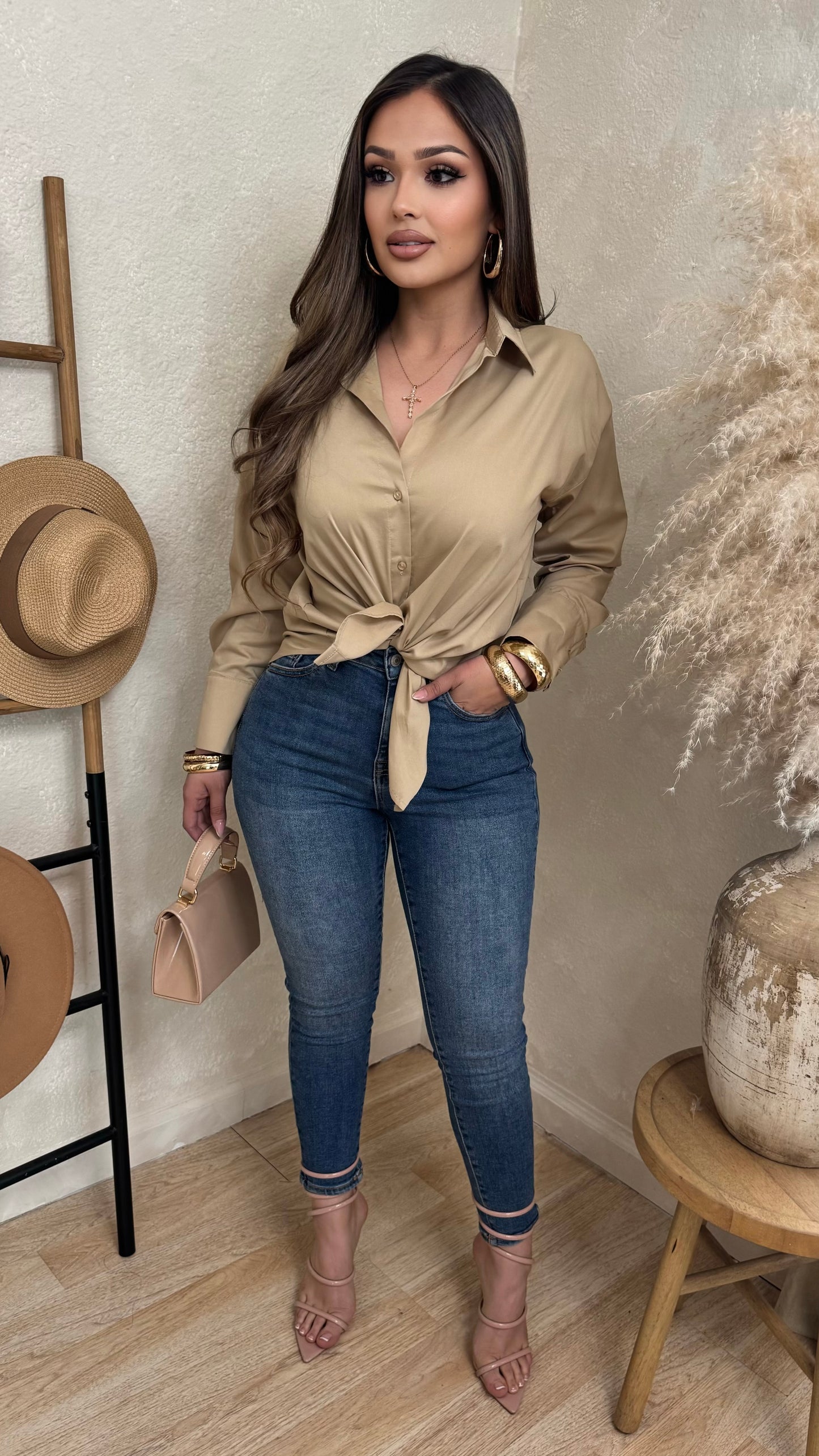 Kylina Long Sleeve Button Up Tops (Nude)
