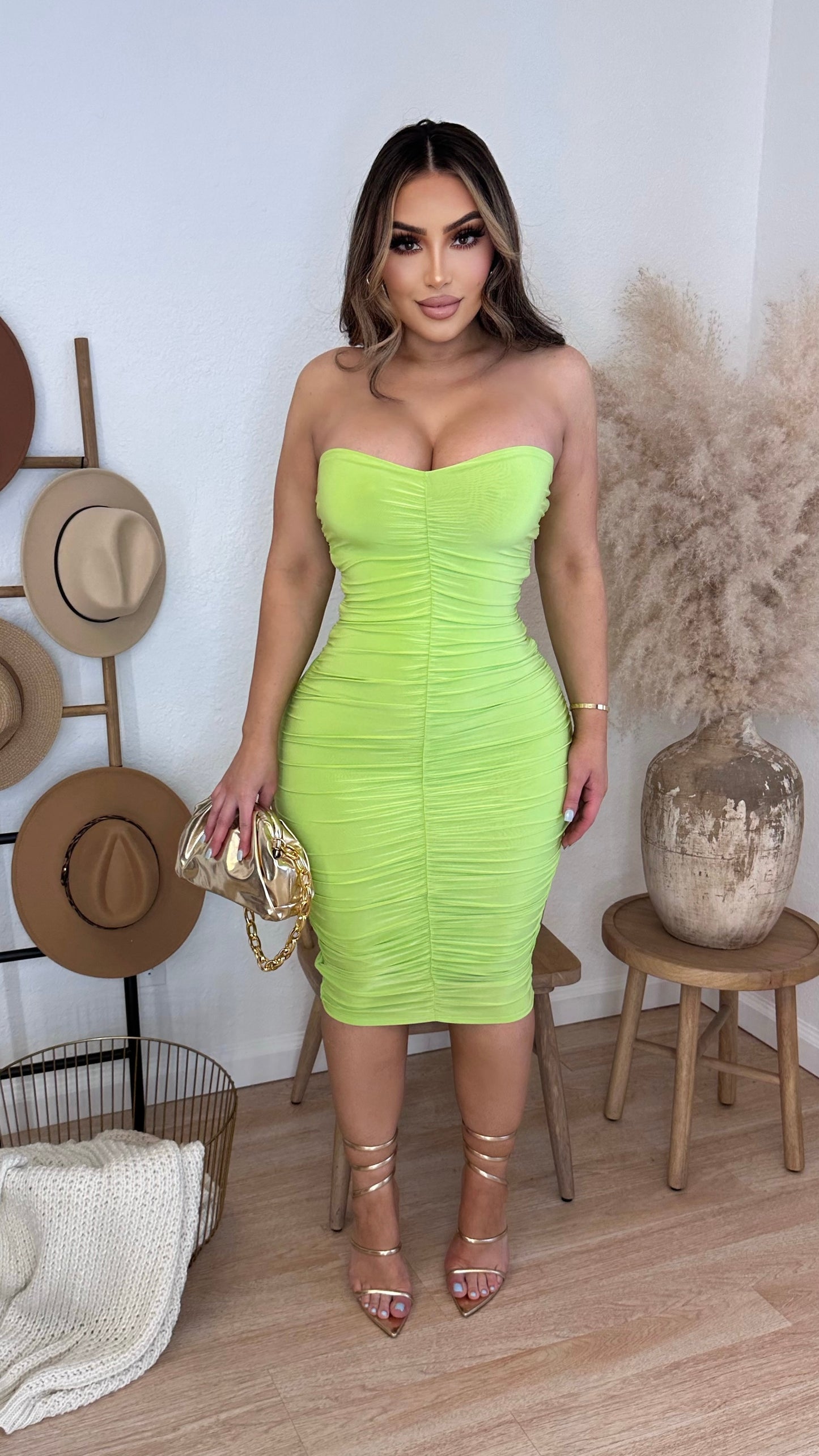 No Regrets Scrunched Midi Dress (Neon Green)