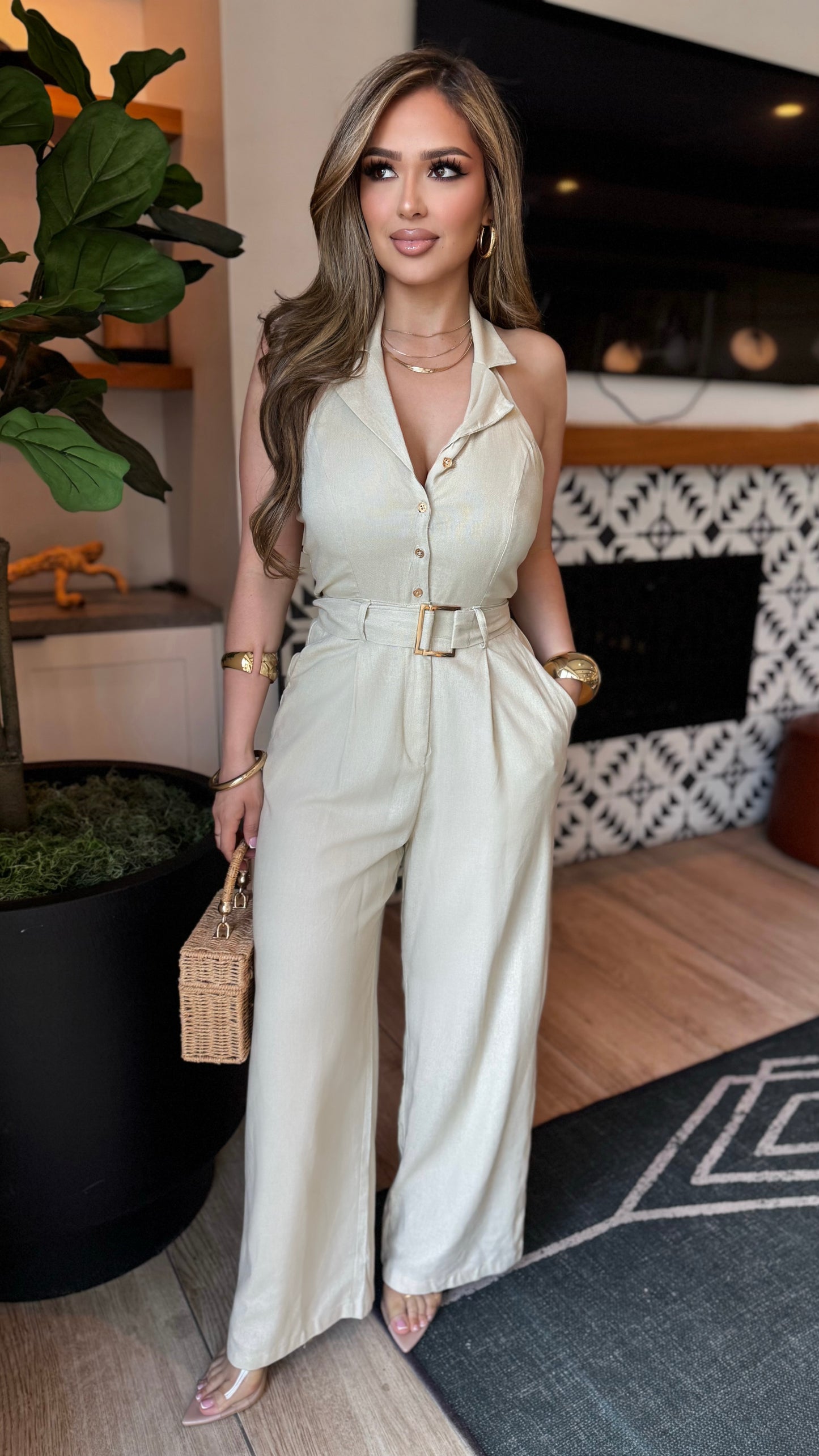 Halter Button Down Linen Wide Leg Jumpsuit (Natural)