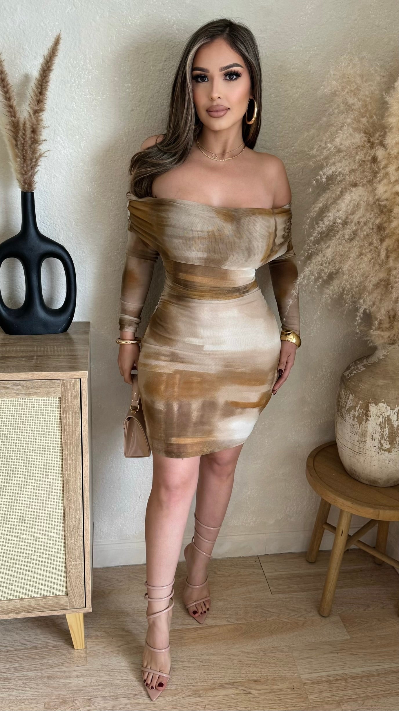 Perfectly Ruched Mesh Midi Dress (Brown)