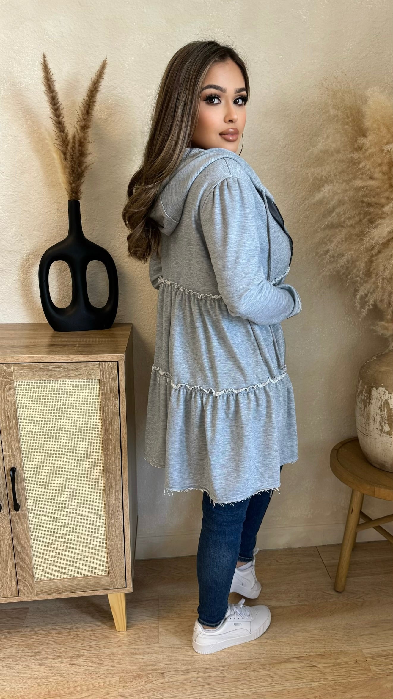 Danielle Zip Up Oversize Ruffle Sweater (Dusty Grey)
