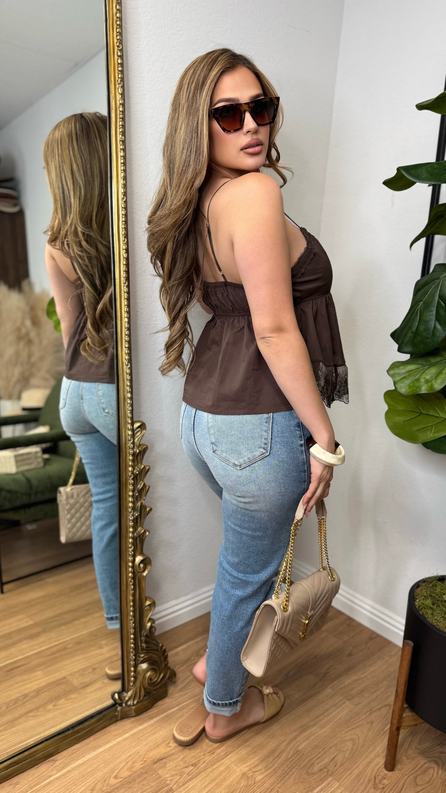 Lace Trim Babydoll Peplum Top (Brown)
