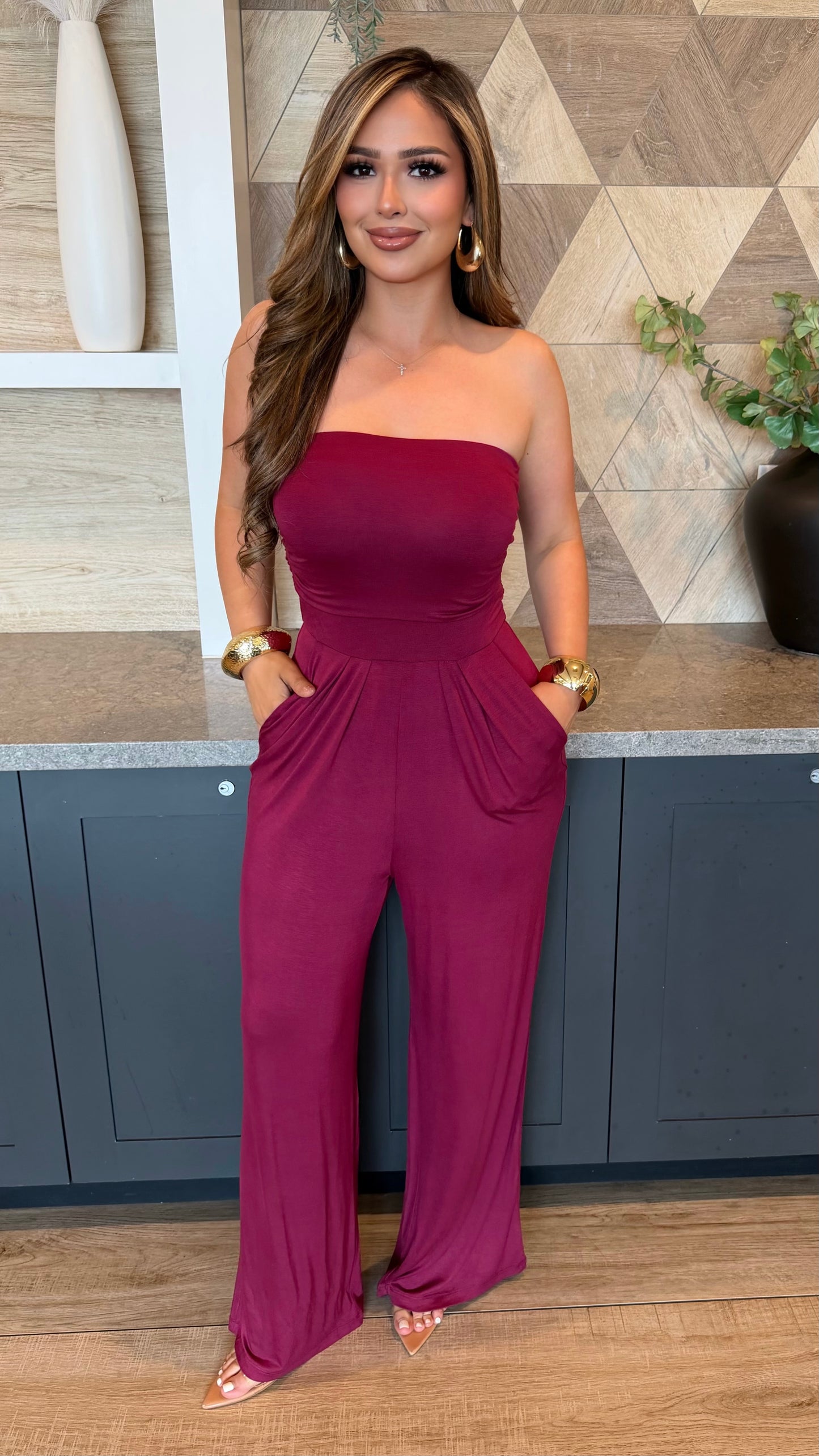 Casual Strapless Jumpsuit (Wine)