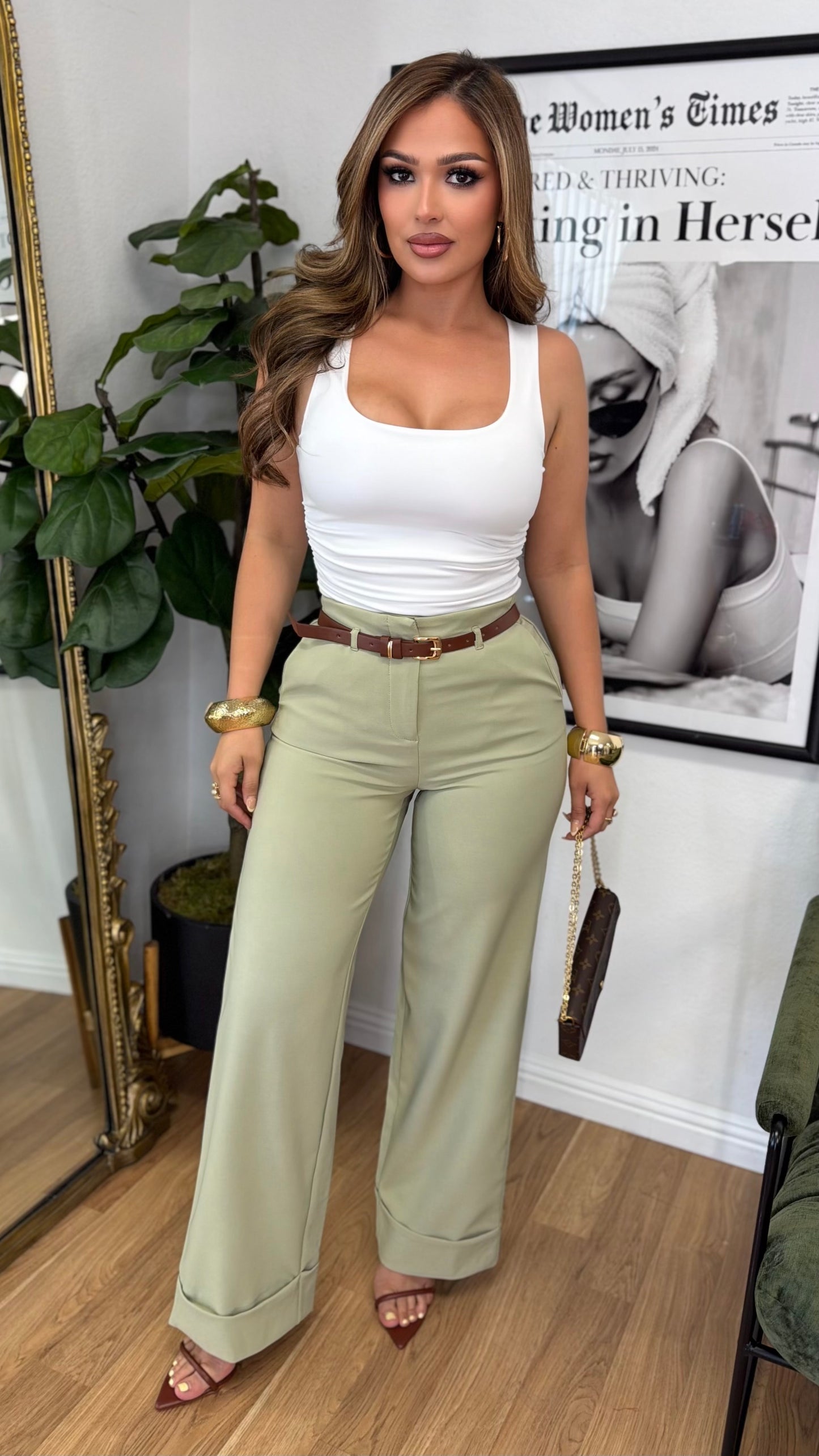 Hustler High Waist Slacks w/ Belt (Olive)