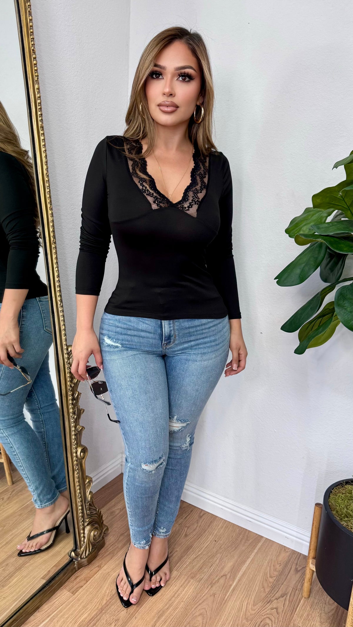 Yaneli Lace Trim Top (Black)