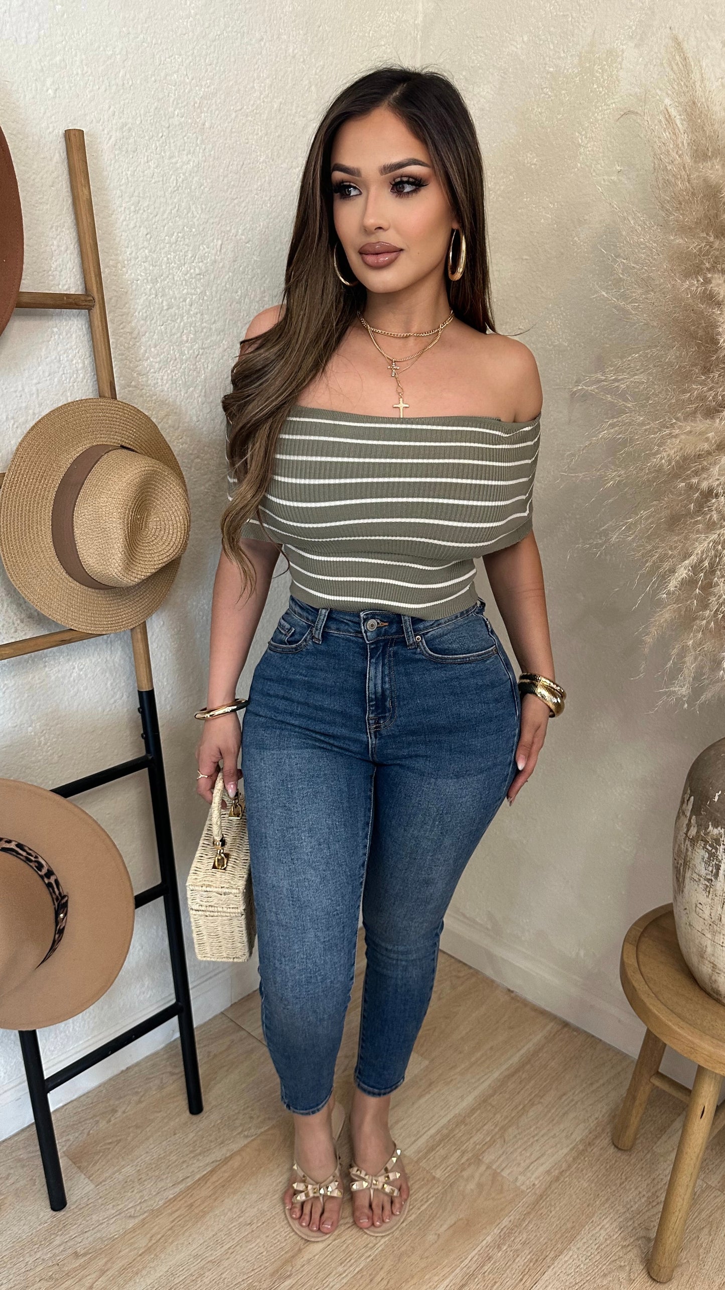 Bella Off-the Shoulder Stripe Top (Olive)