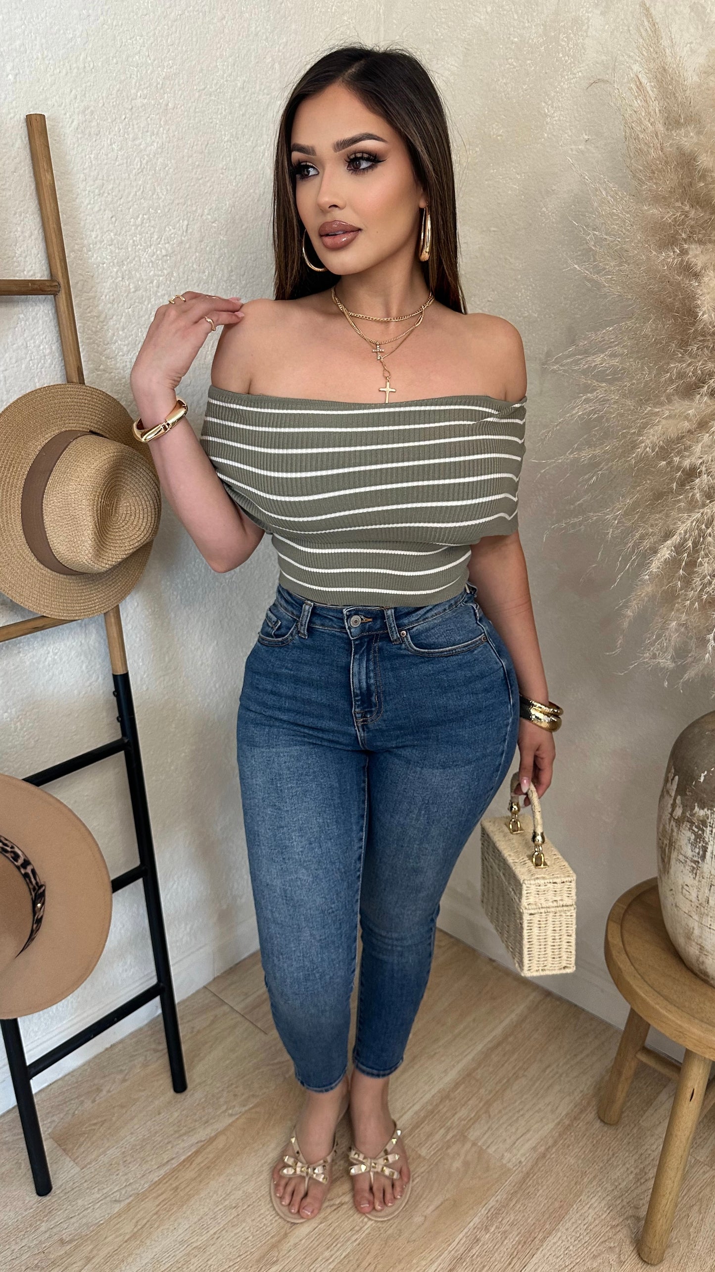 Bella Off-the Shoulder Stripe Top (Olive)