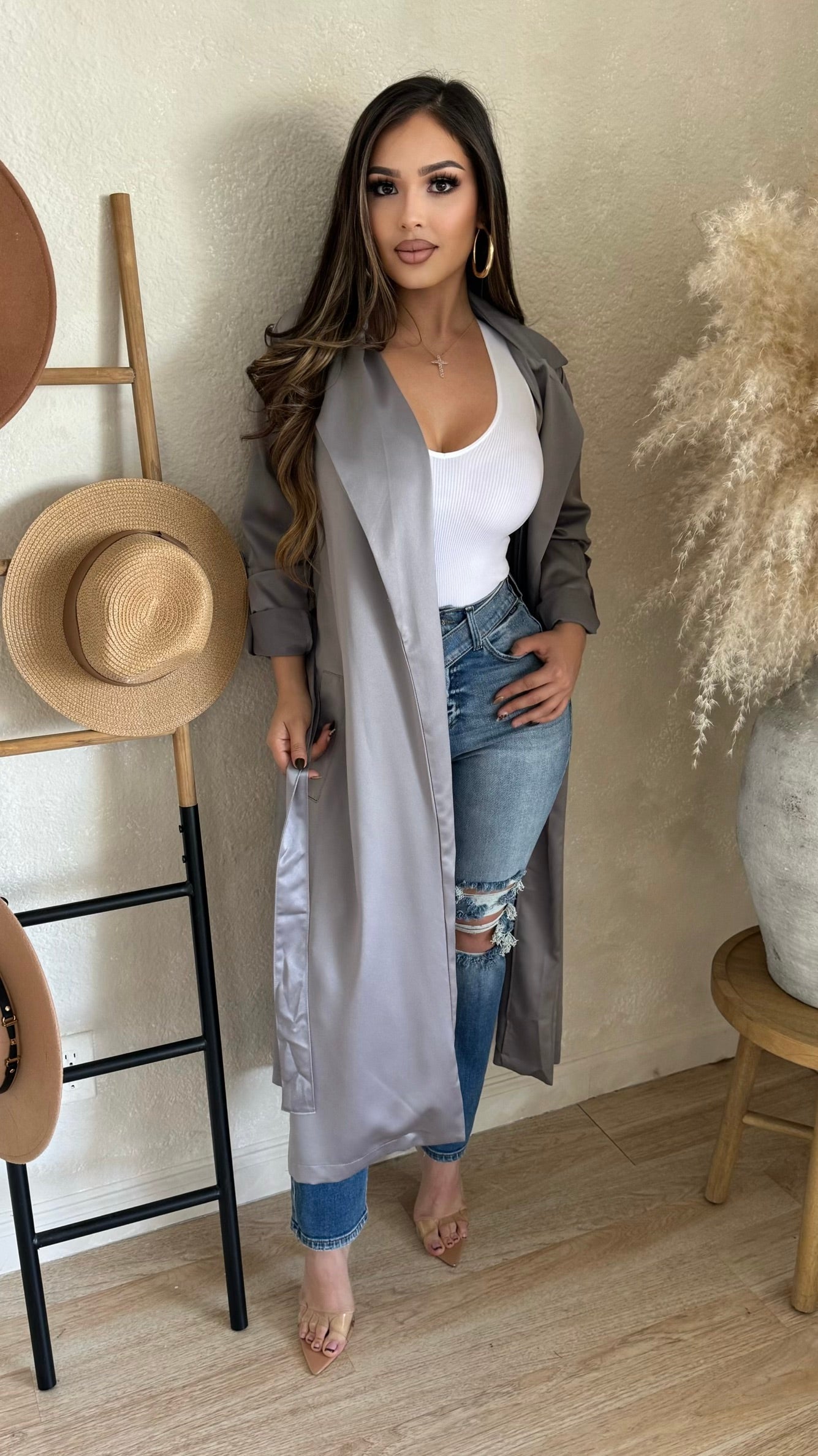 Essential Throw-Over Satin Cardigan (Grey)