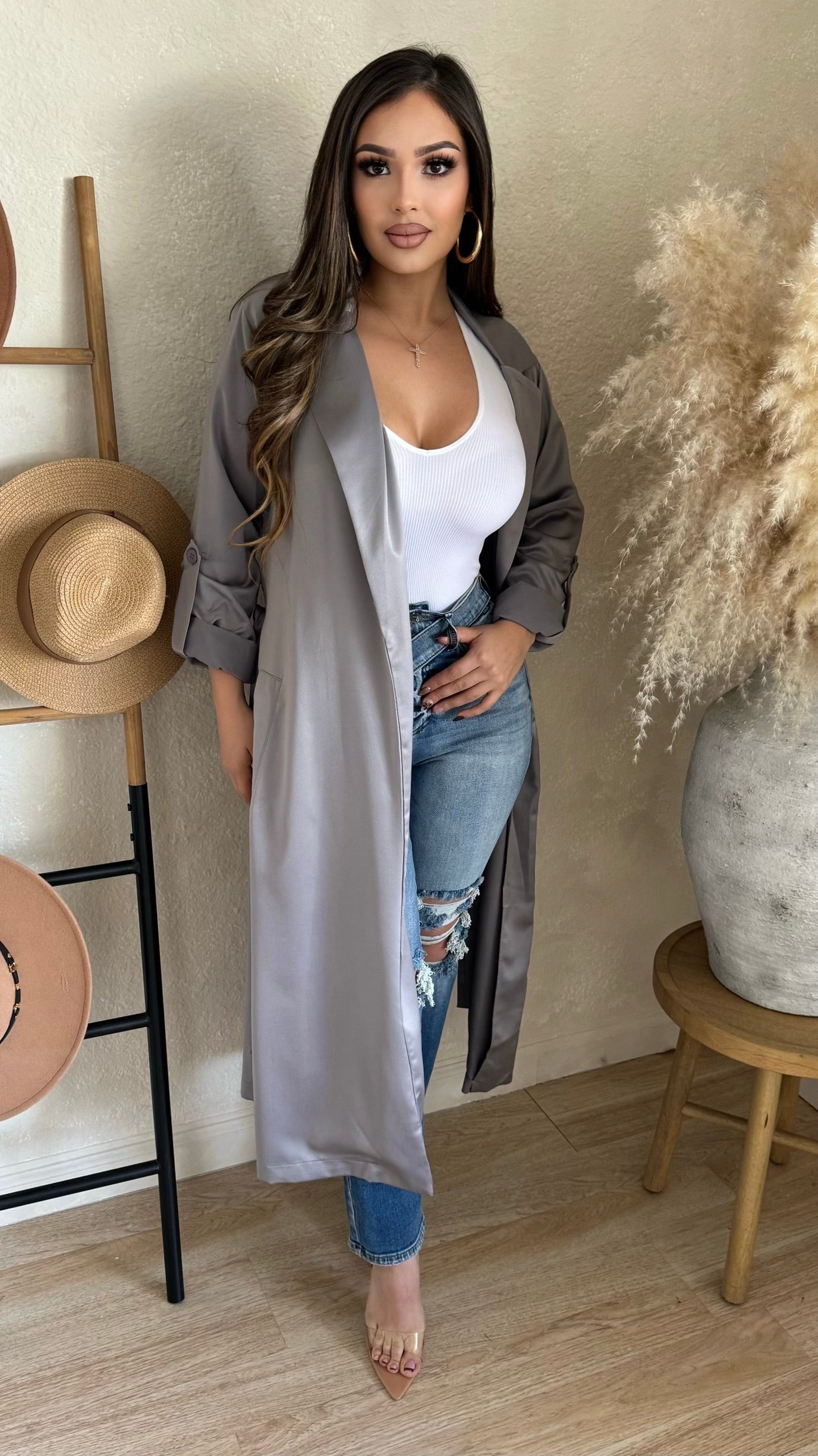 Essential Throw-Over Satin Cardigan (Grey)