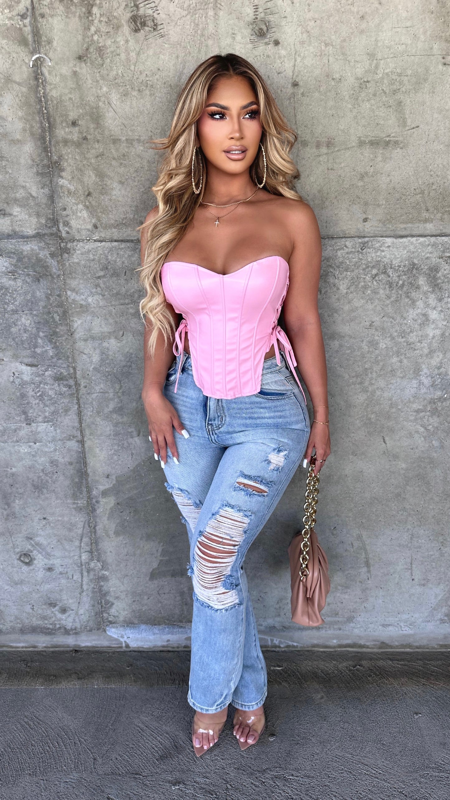 Wouldn’t Take The Blame Faux Leather Corset (Pink)