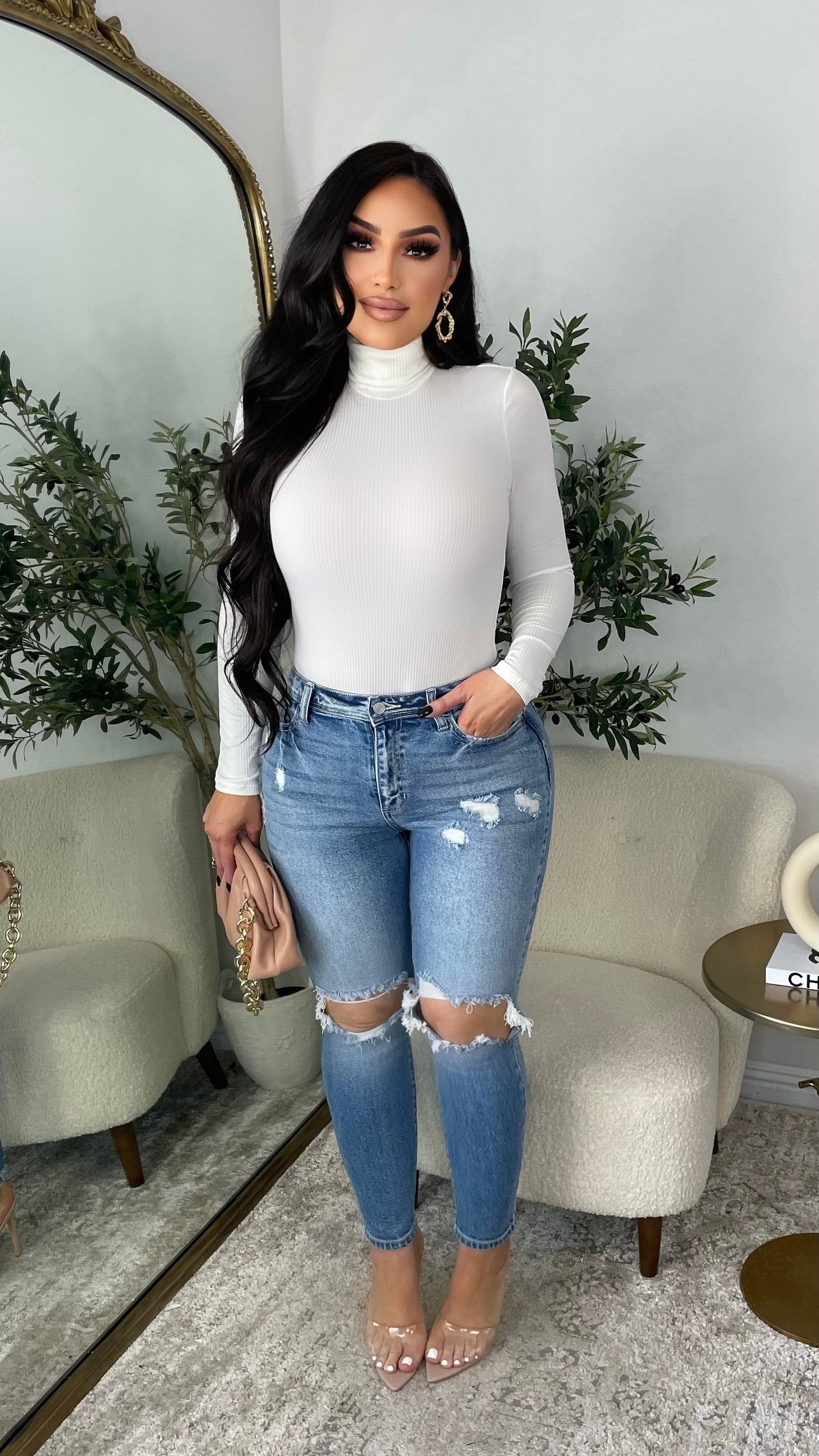 Classy Ribbed Turtleneck Bodysuit (Ivory)