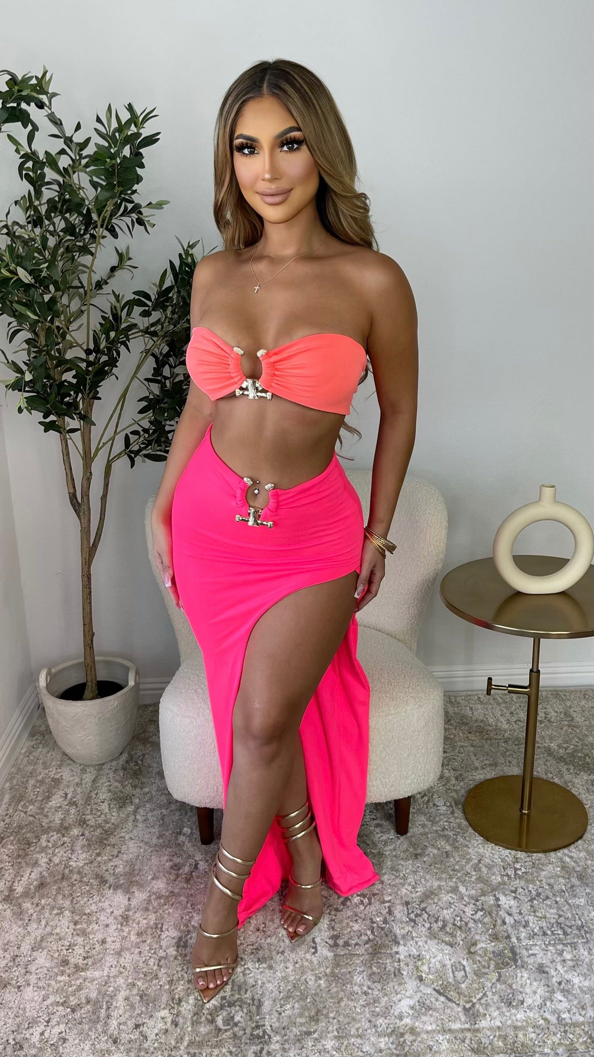 Attention Seeker 2PC Skirt Set (Orange/Coral)