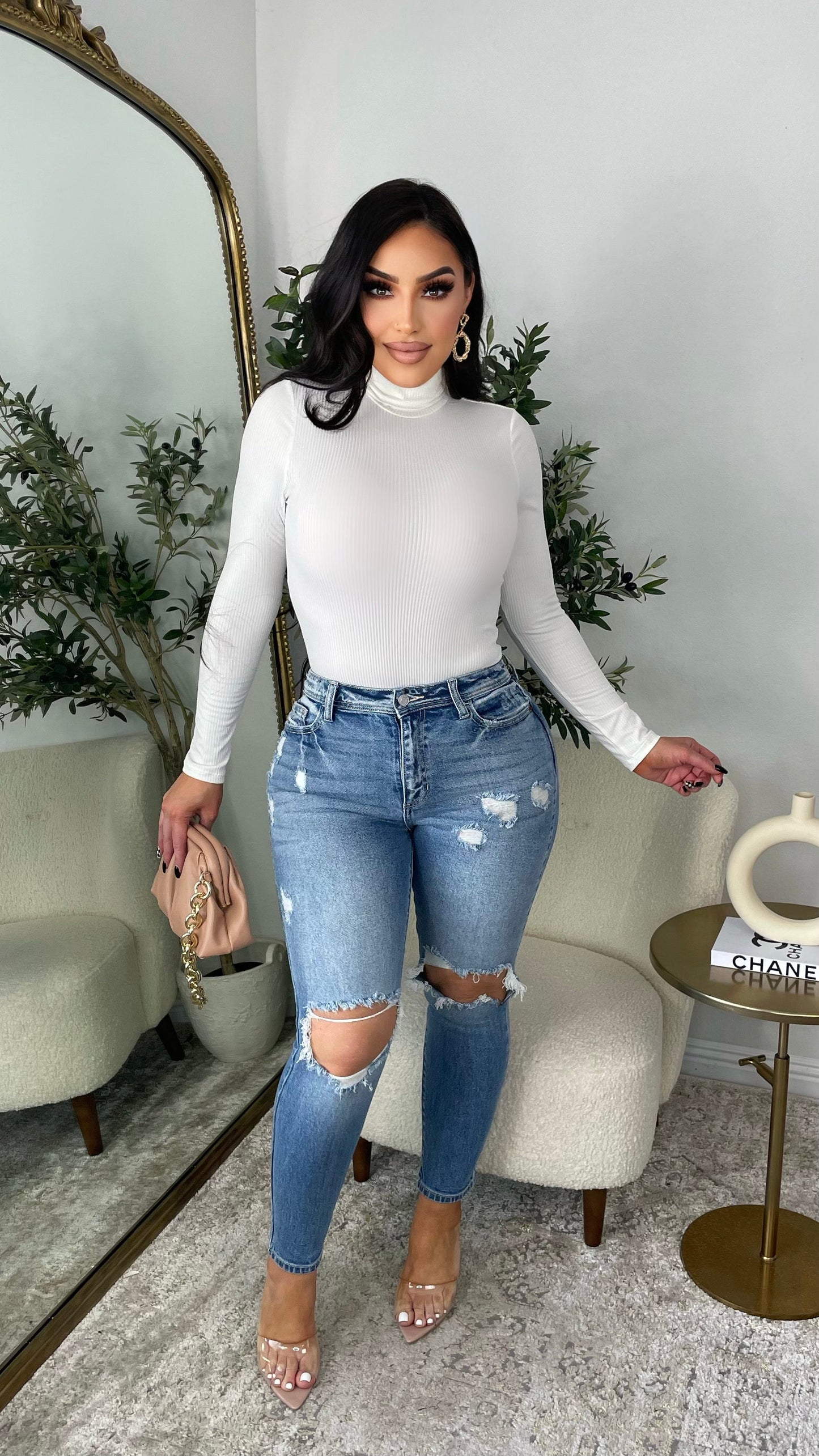 Classy Ribbed Turtleneck Bodysuit (Ivory)