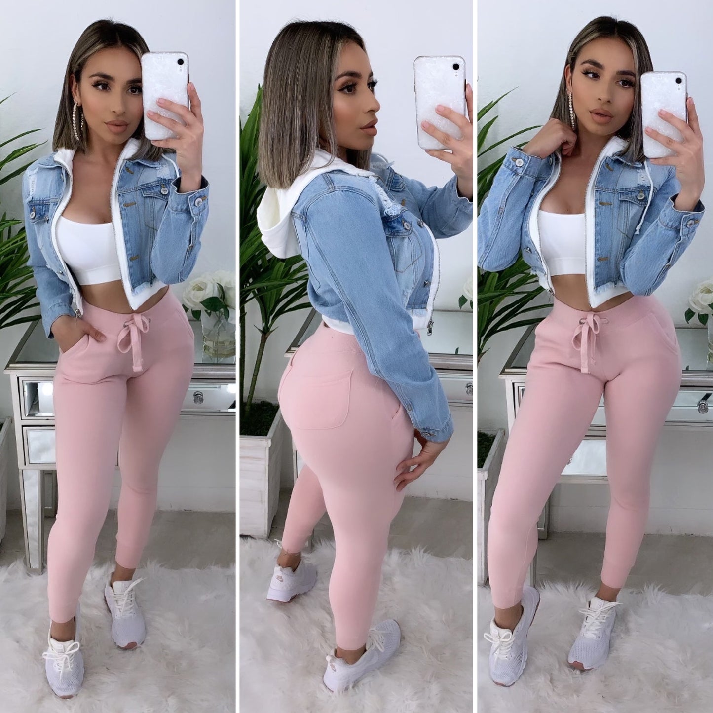 Hot Damn Denim Jacket (Light Wash/ White Hoodie)