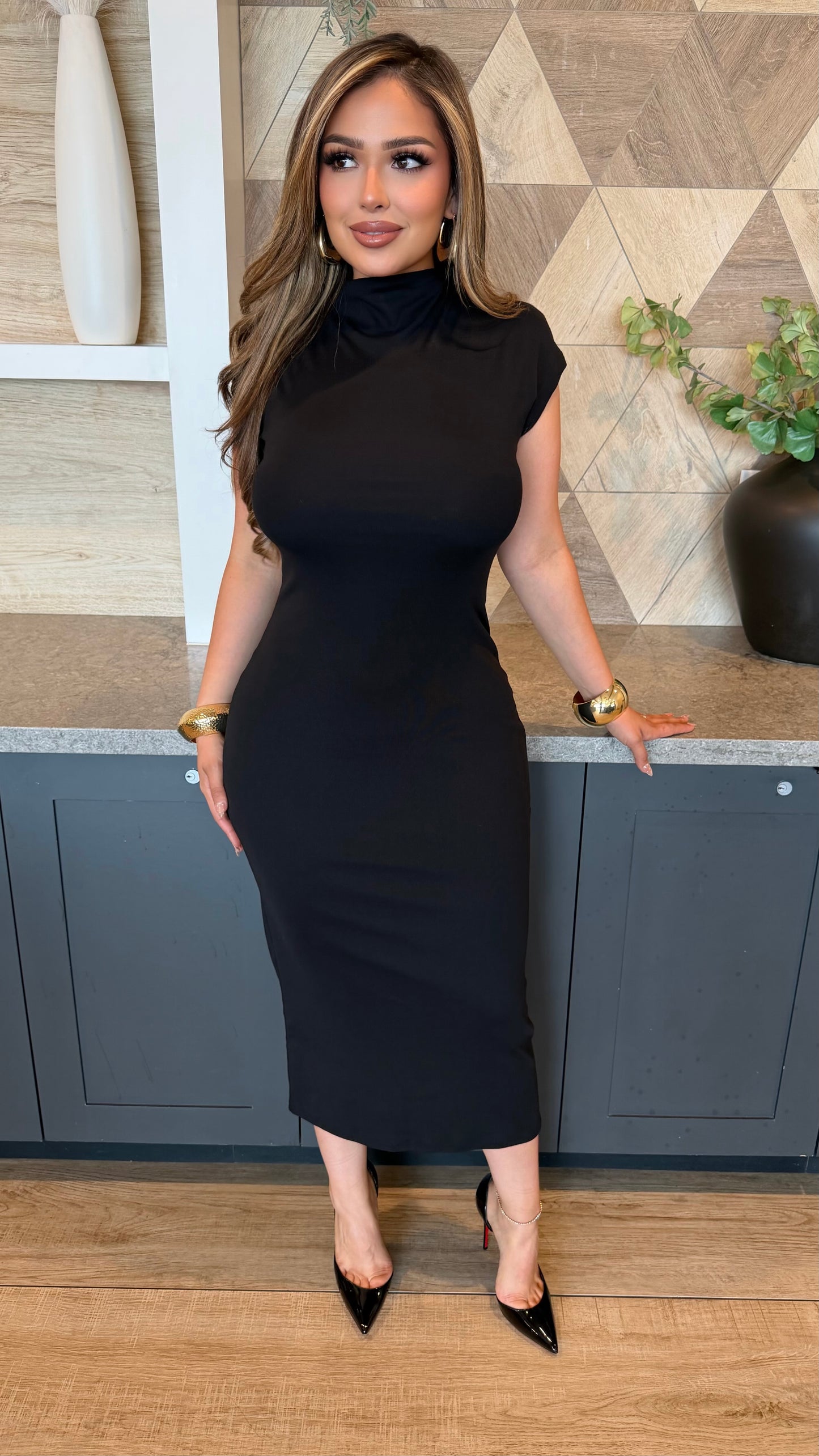 Timeless Mock Neck Midi Dress (Black)