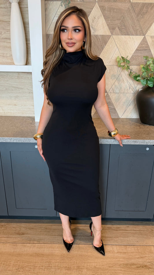 Timeless Mock Neck Midi Dress (Black)