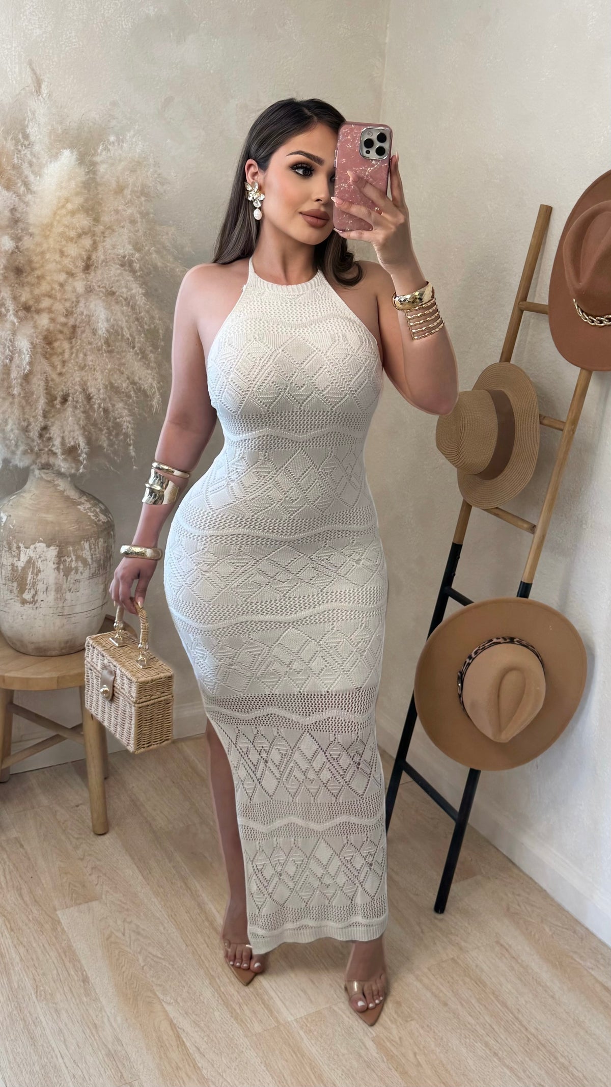 Vallarta Knit Halter Maxi Dress (White)