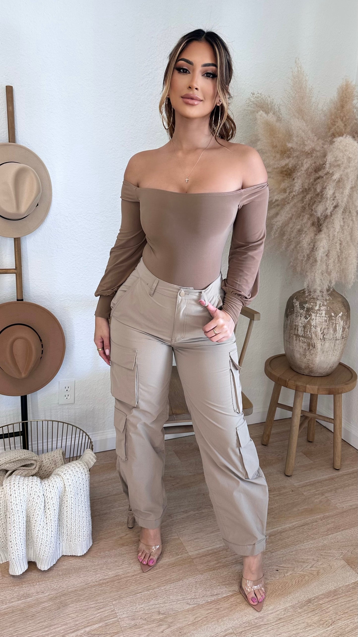 It Takes 2 Off The Shoulder Bodysuit (Taupe)