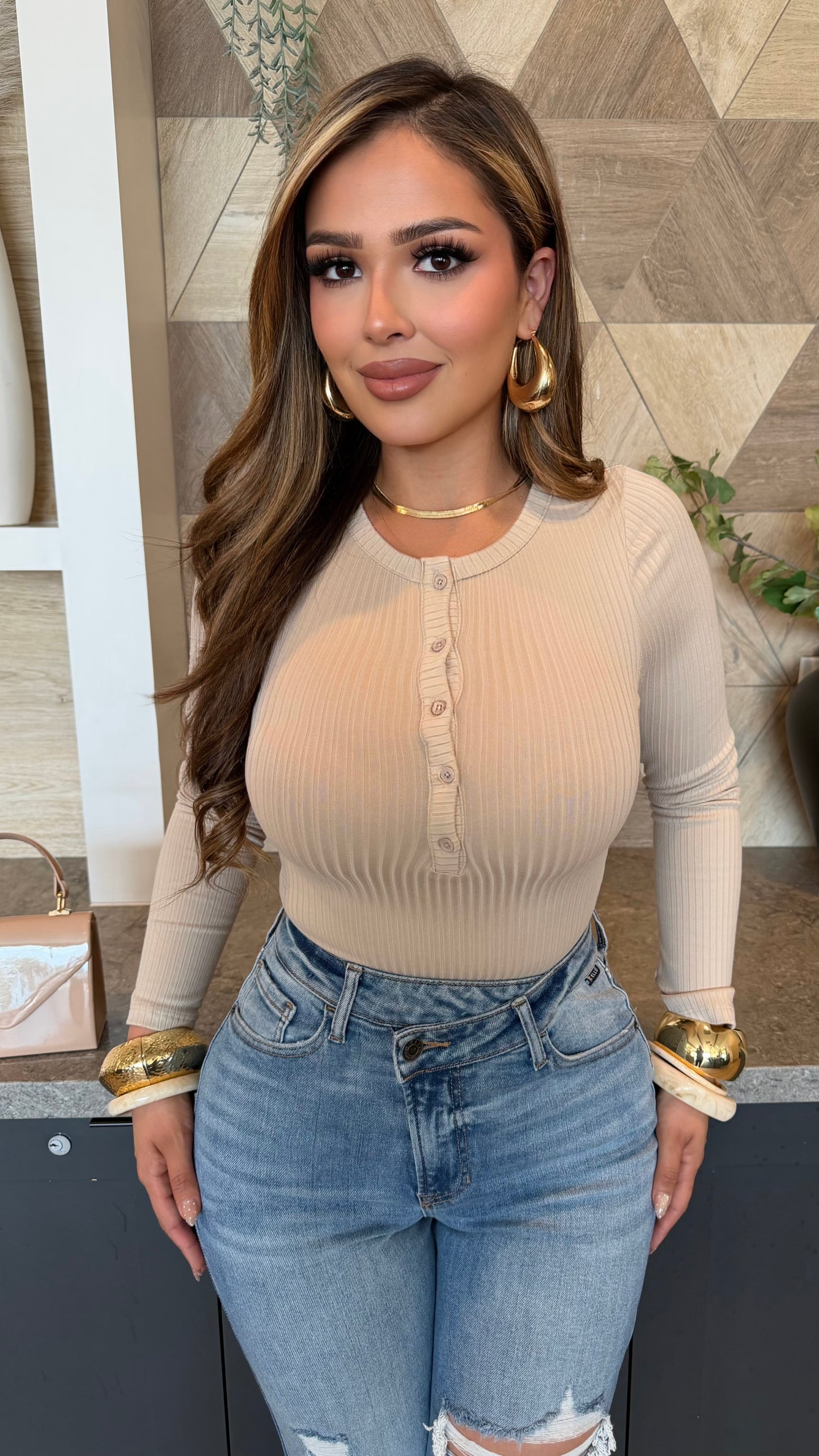 Deluxe Button Ribbed Bodysuit (Beige)