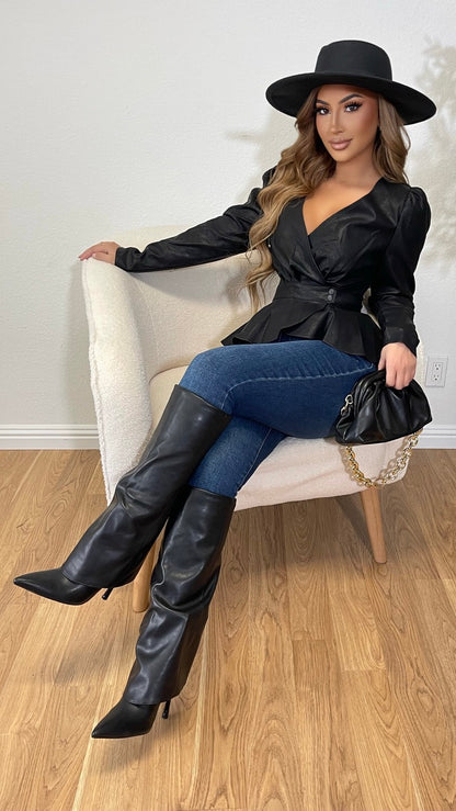 Don't Waste A Moment Leather Peplum Jacket (Black)