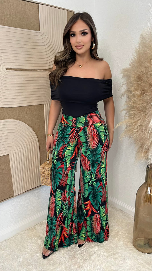 Tropical High Waist Palazzo Pants (Black/ Green/ Red)