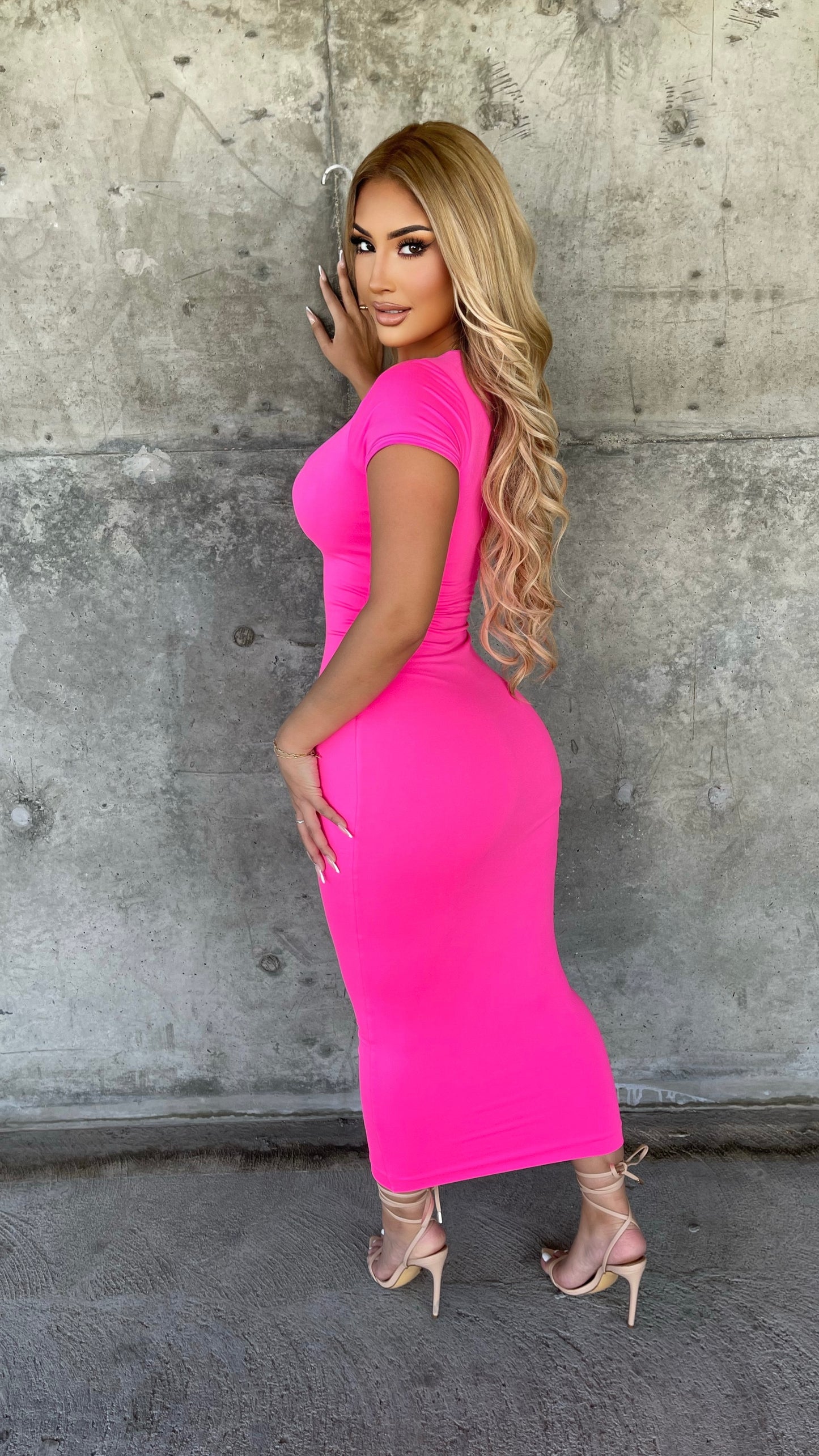 Caught In The Moment Midi Dress (Hot Pink)