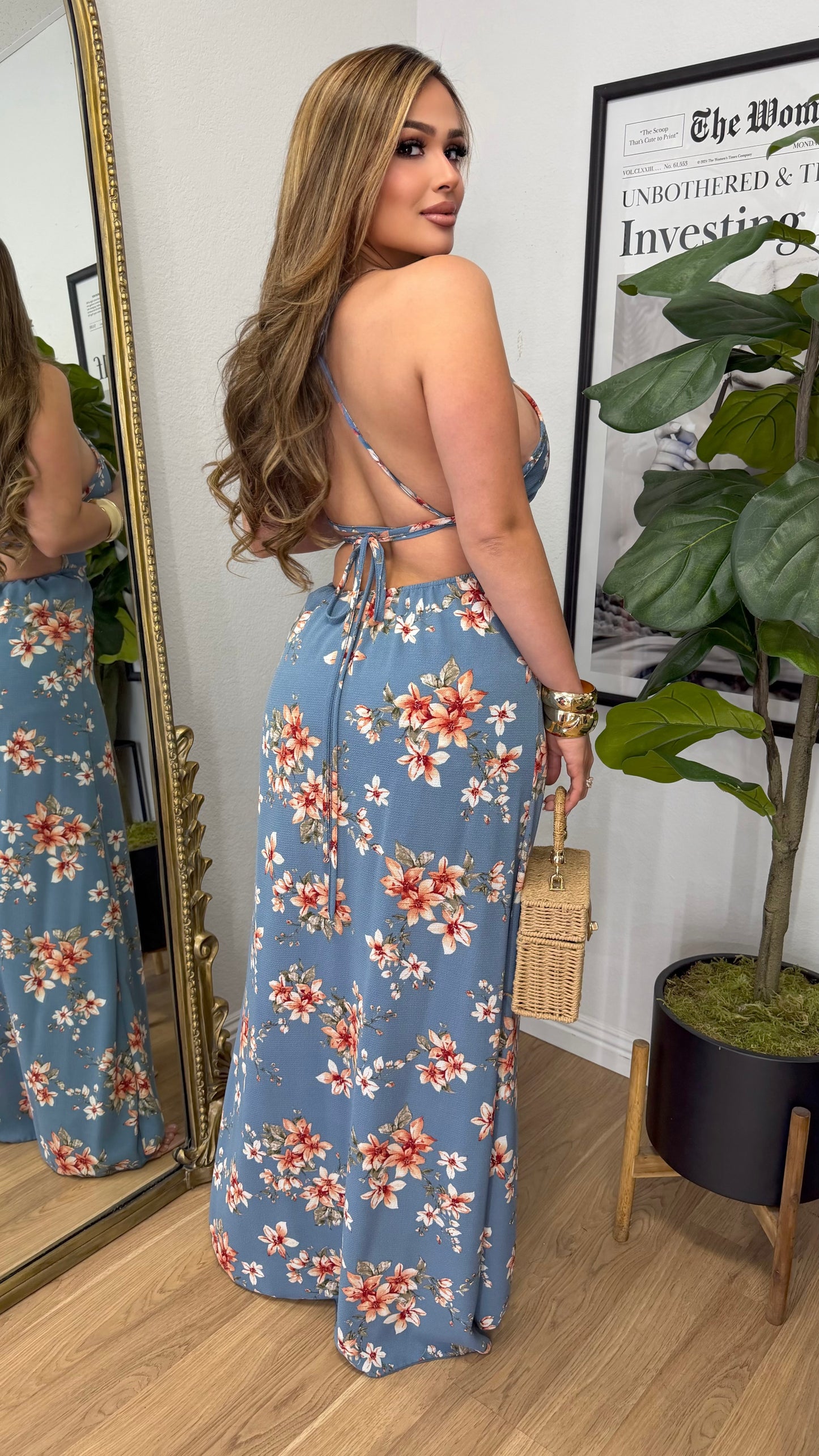 Destination Vacation Floral Maxi Dress (Denim Blue)