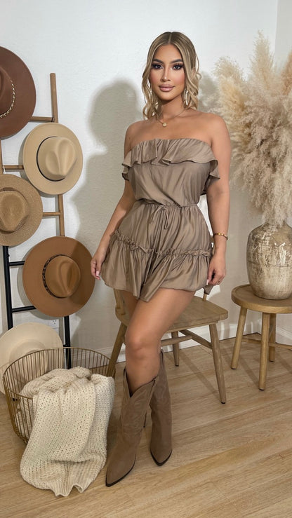 Pretty Moments Strapless Short Romper (Dusty Taupe)