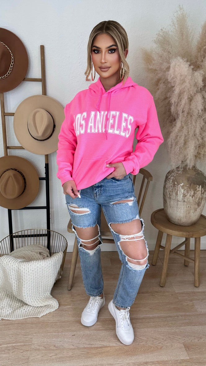 Los Angeles Over Size Hooded Sweater (Barbie Pink)