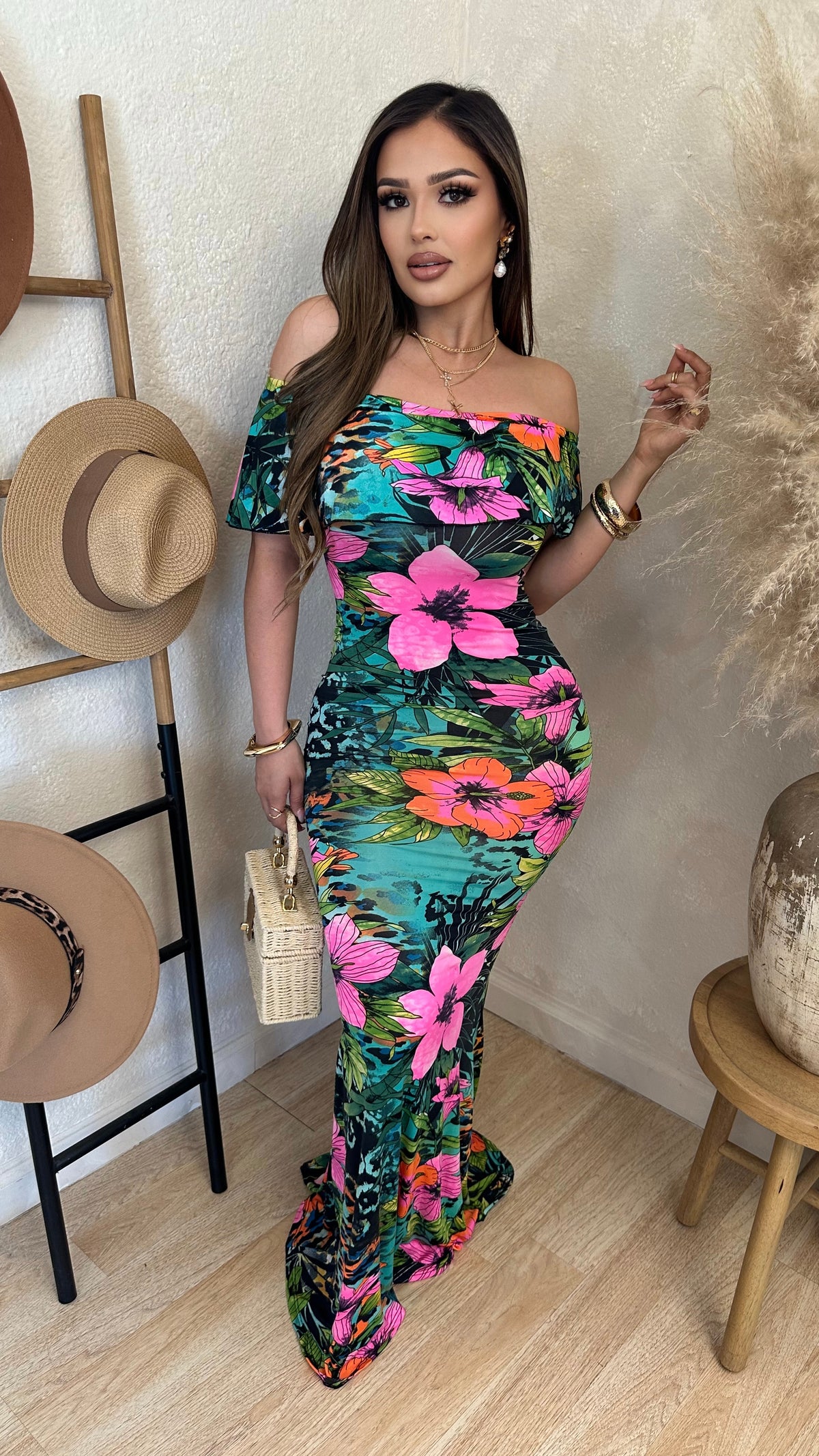 Island Bloom Off The Shoulder Maxi Dress