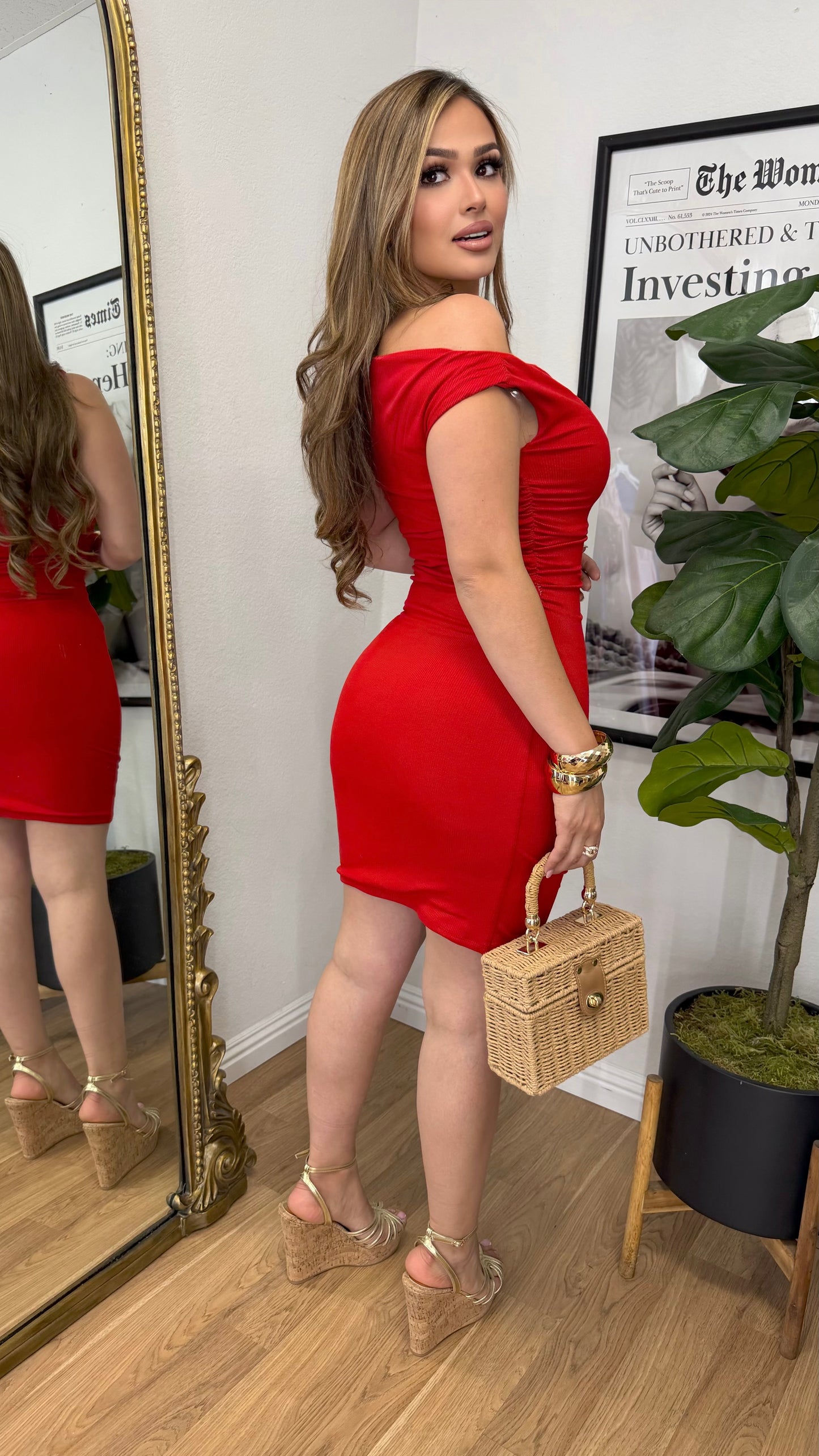 Ruched Ribbed Dress (Red)