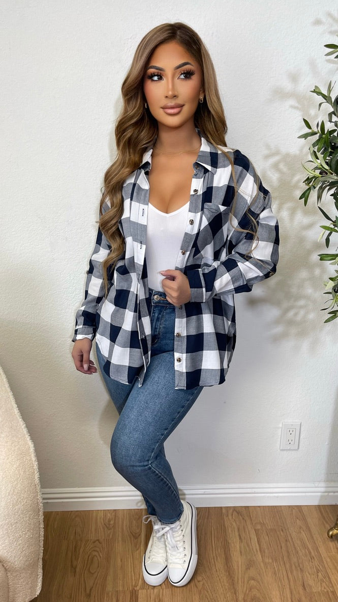Stay A While Longer Plaid Top (Navy/ Ivory)