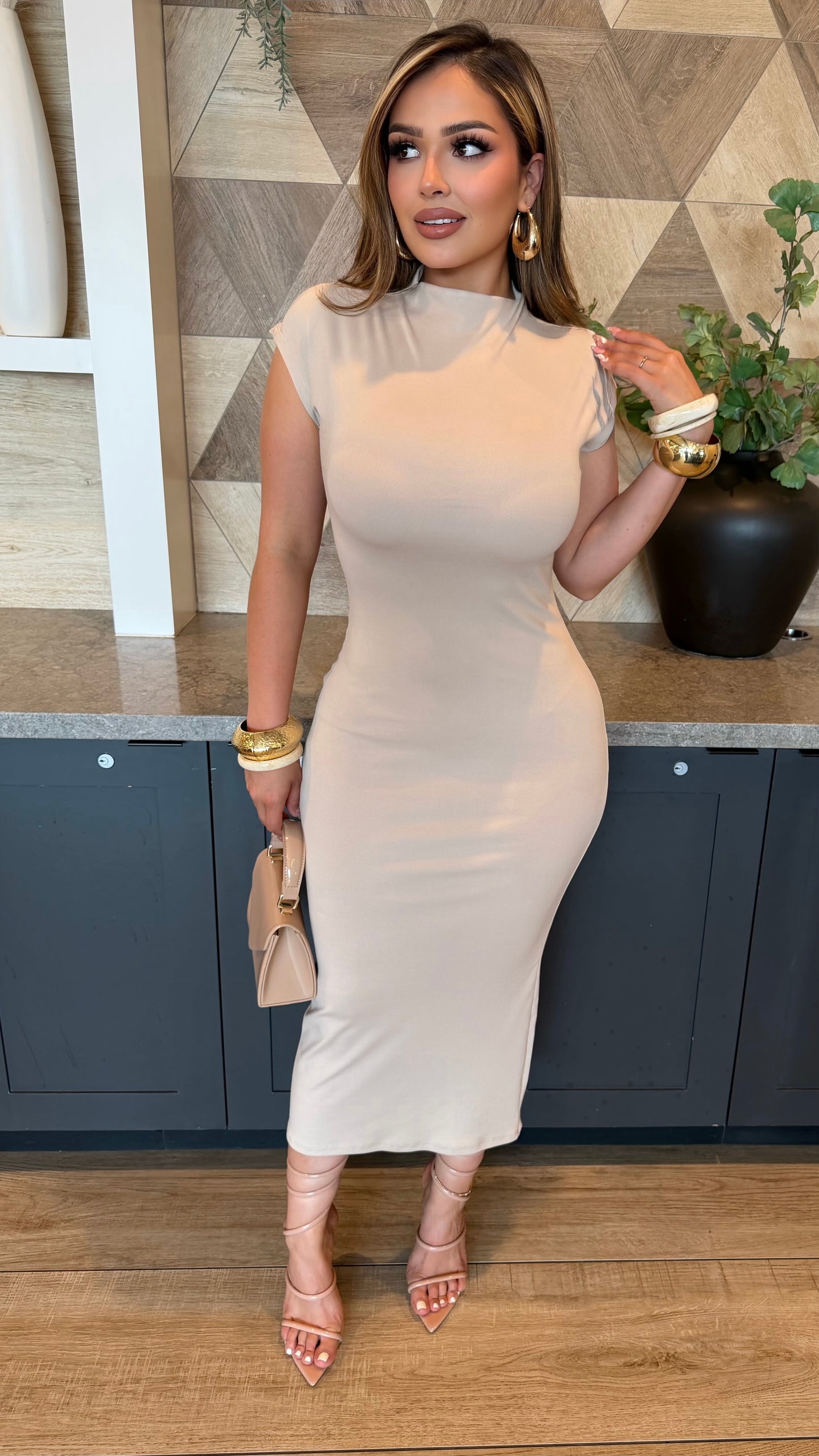 Timeless Mock Neck Midi Dress (Tan)