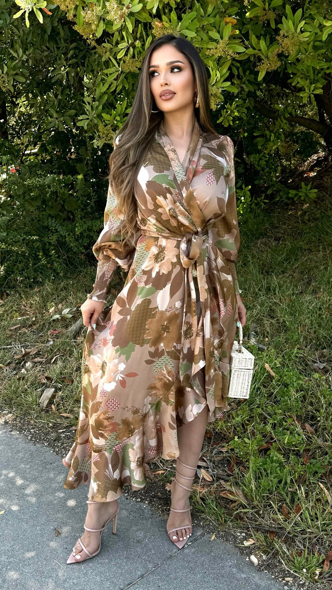 Can't Handle Hi-Low Floral Wrap Dress (Taupe)