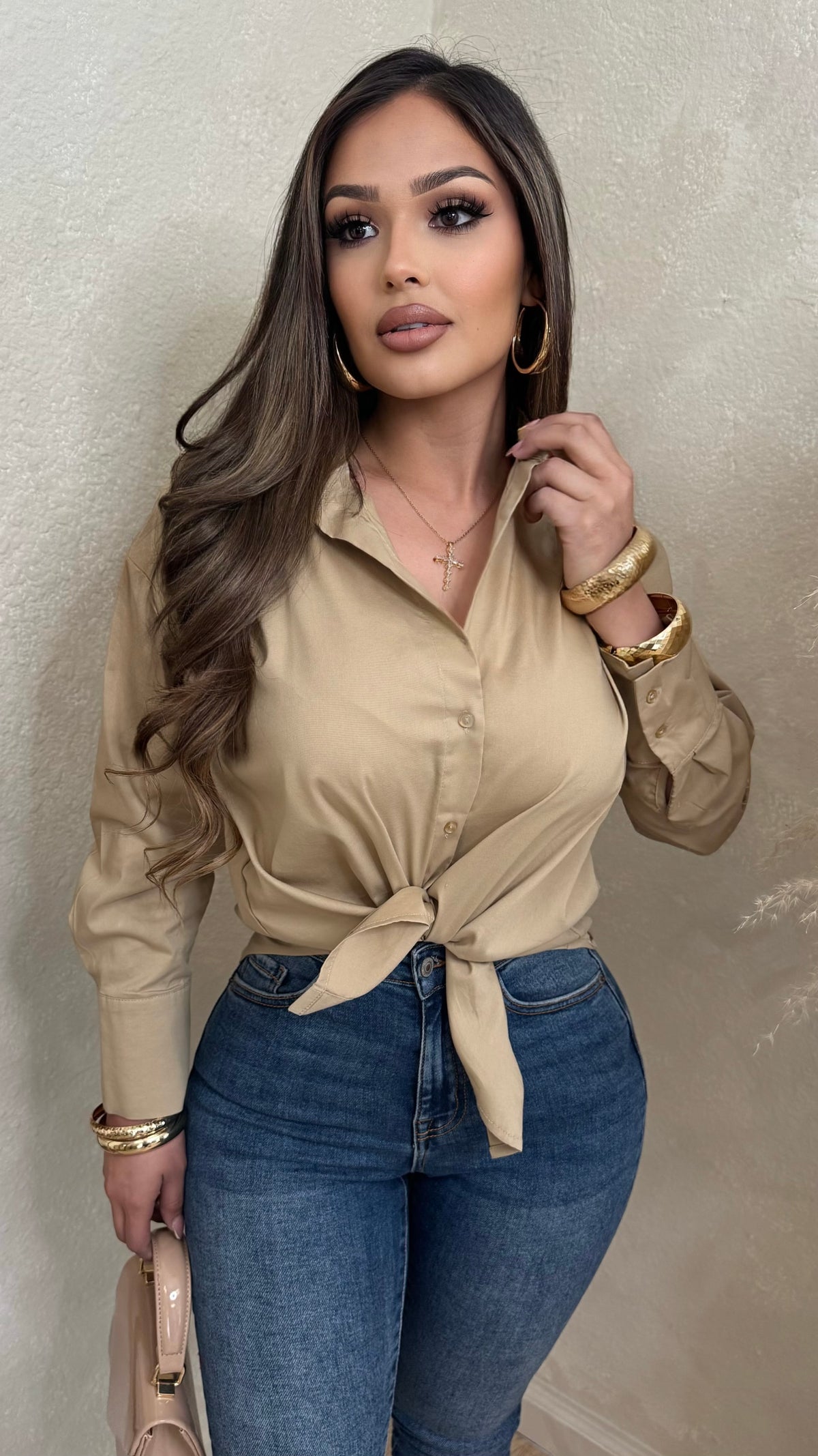 Kylina Long Sleeve Button Up Tops (Nude)