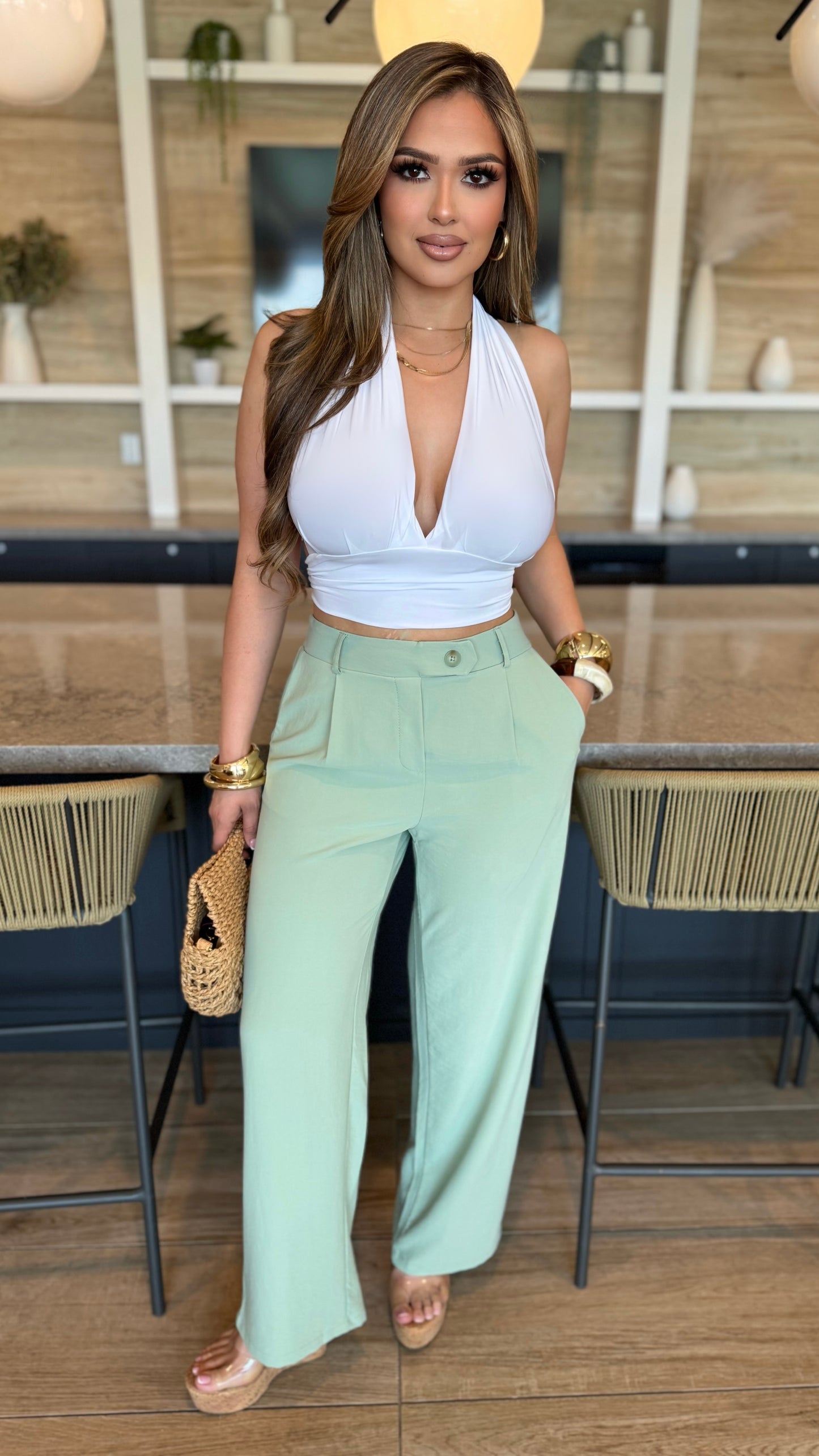 Versatile Wide Leg High Waist Pants (Sage)